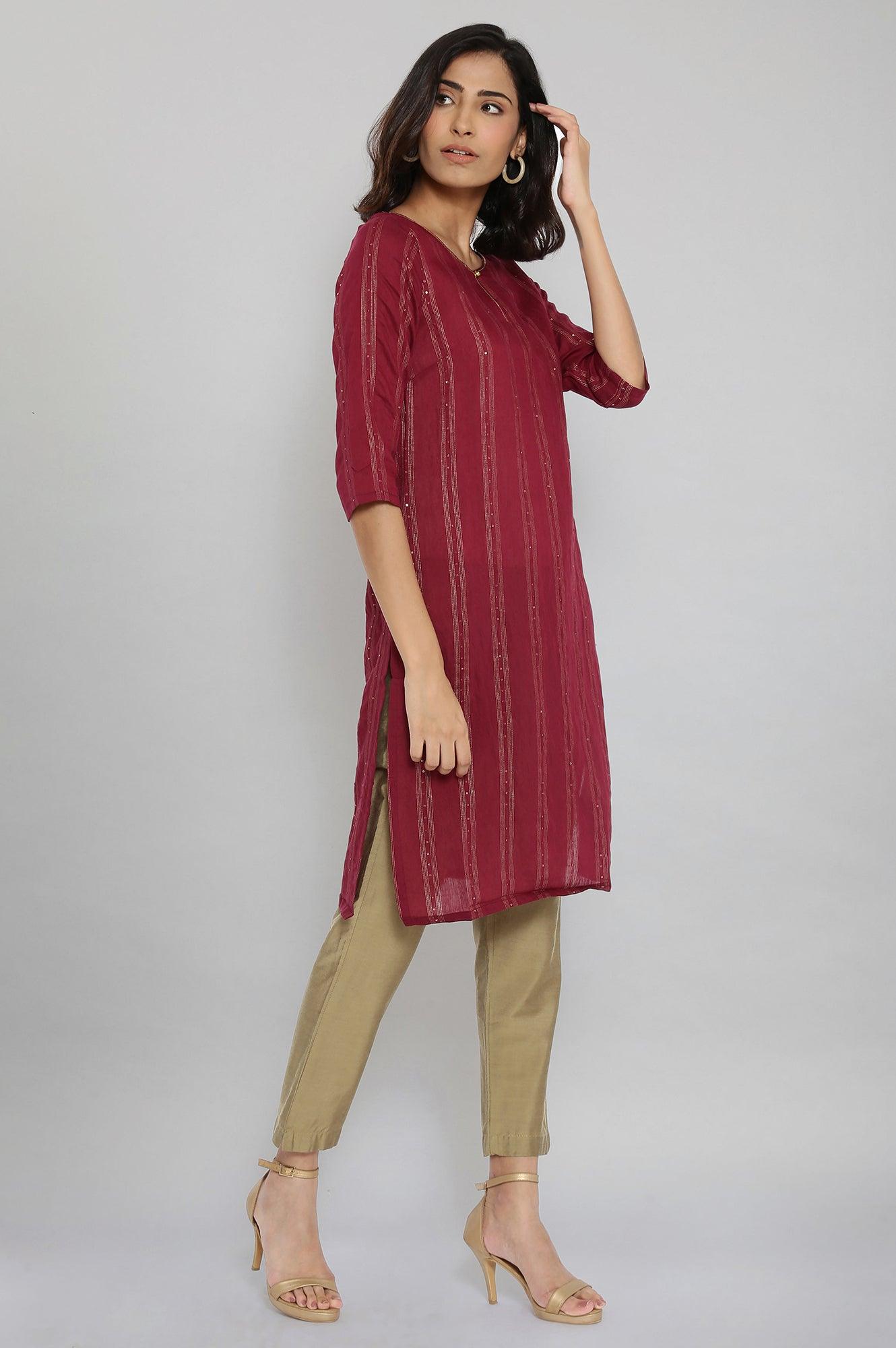 Maroon Woven kurta with Sequins - wforwoman