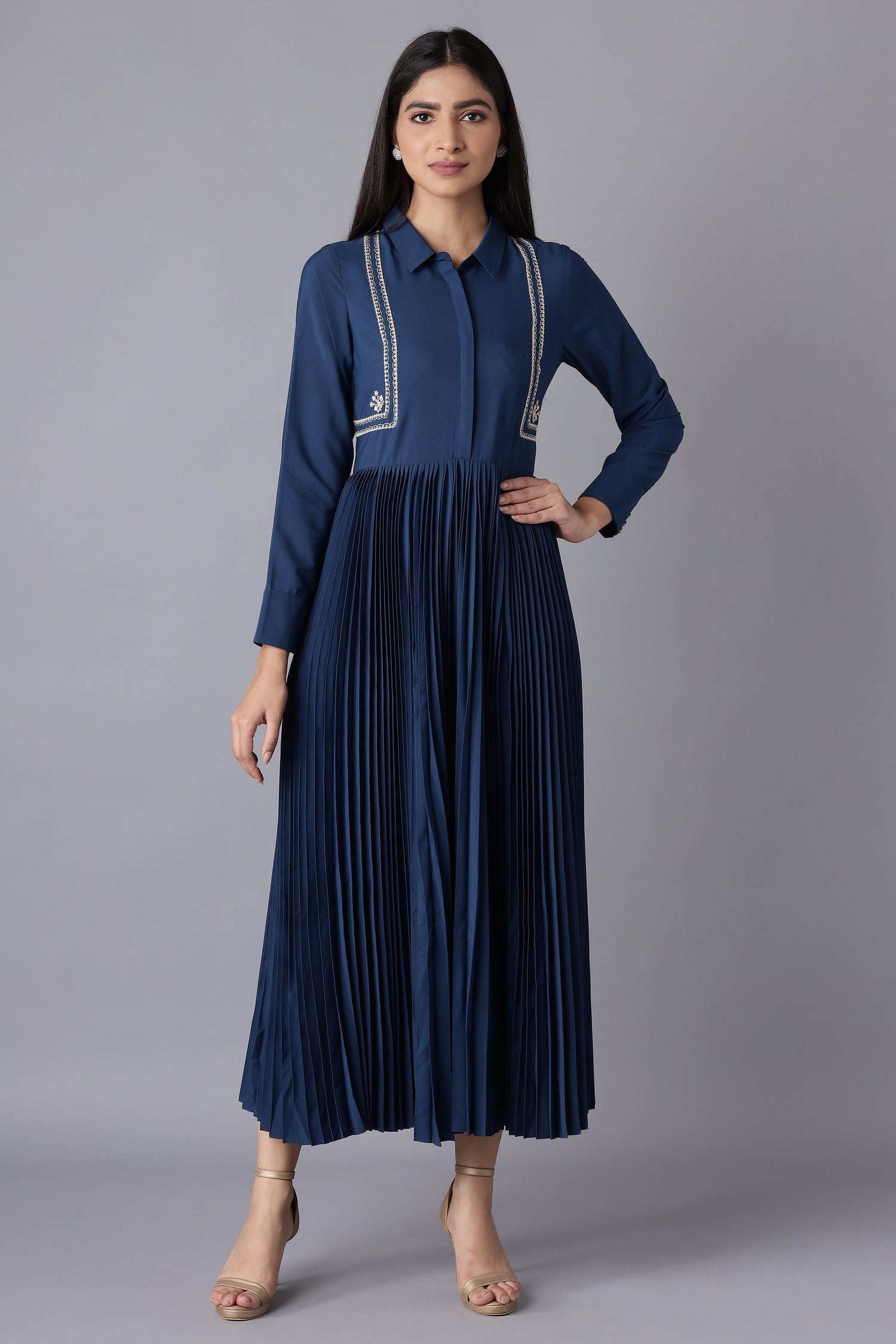 Dark Blue Embroidered Maxi Dress - wforwoman