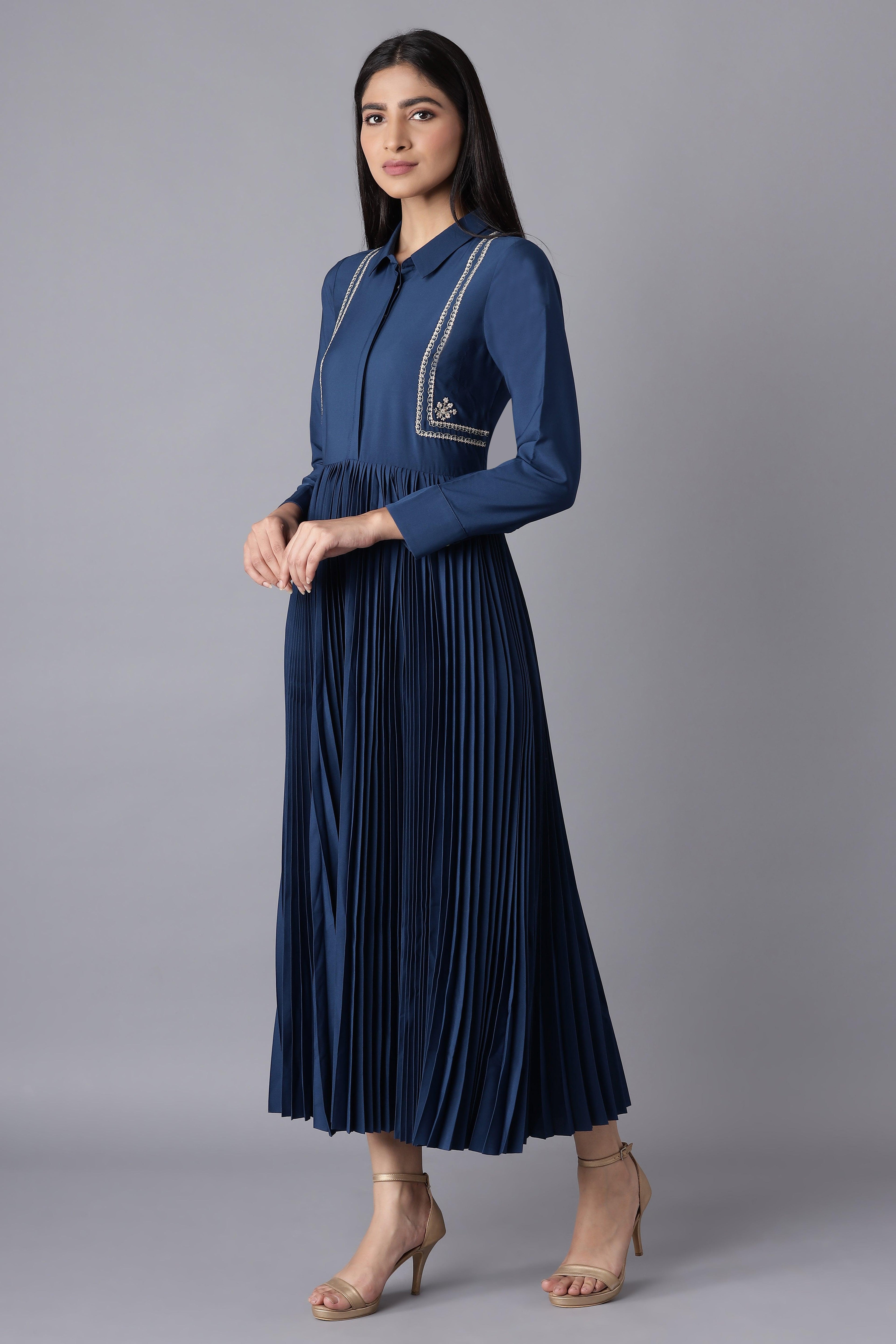 Dark Blue Embroidered Maxi Dress - wforwoman