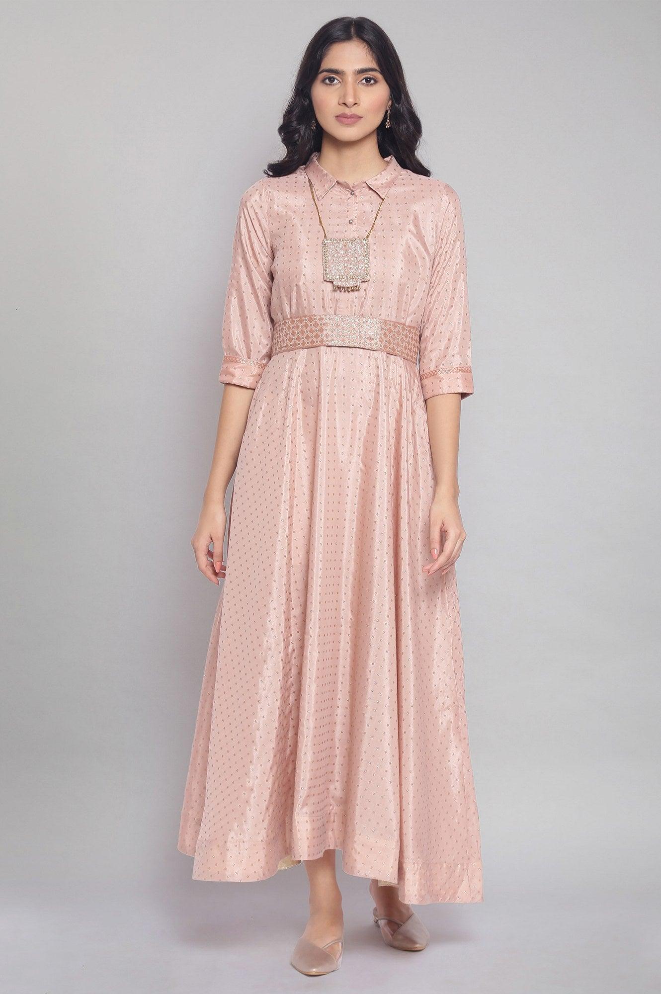 Pink Printed Festive Dress With Belt - wforwoman