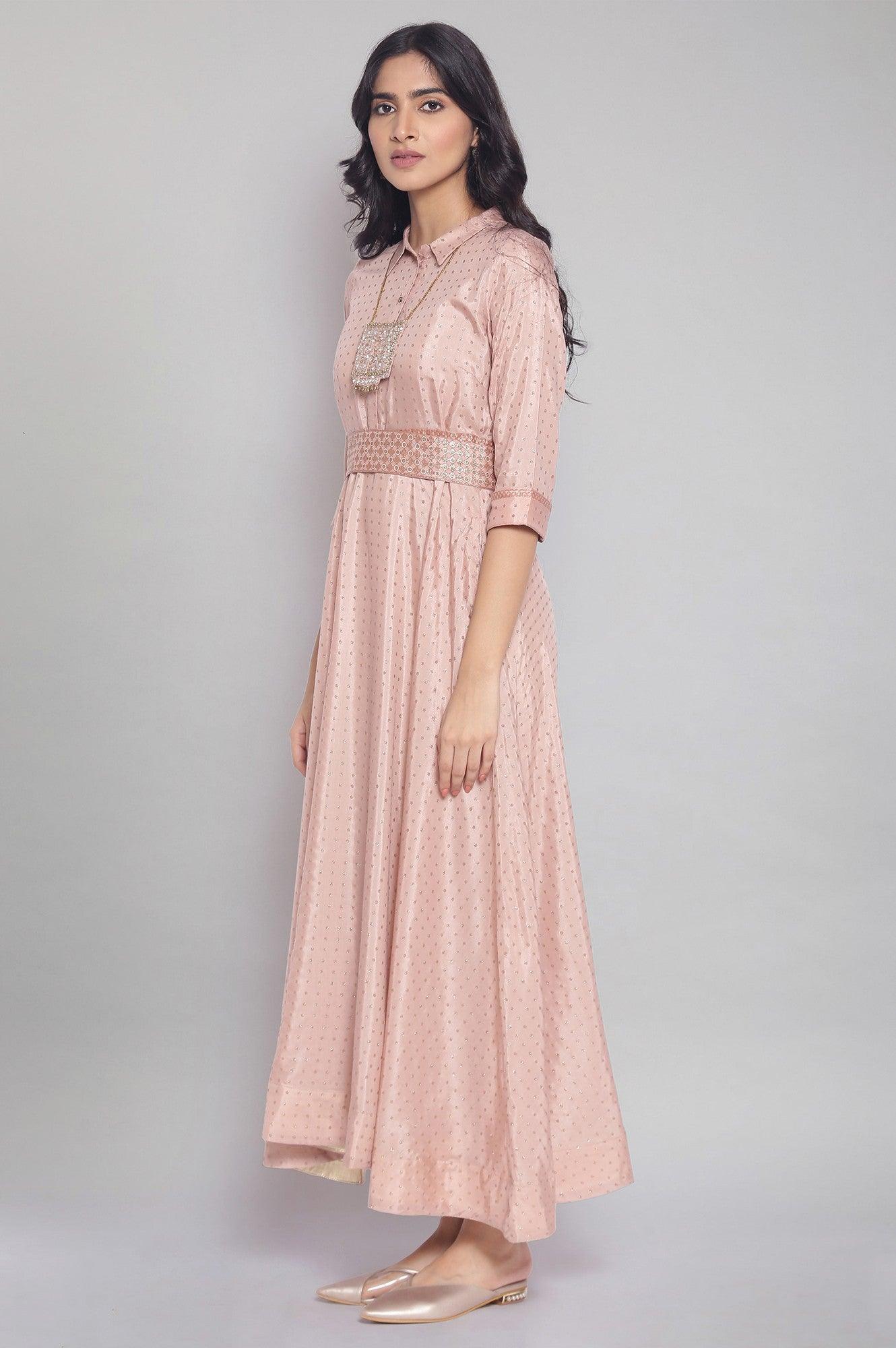 Pink Printed Festive Dress With Belt - wforwoman