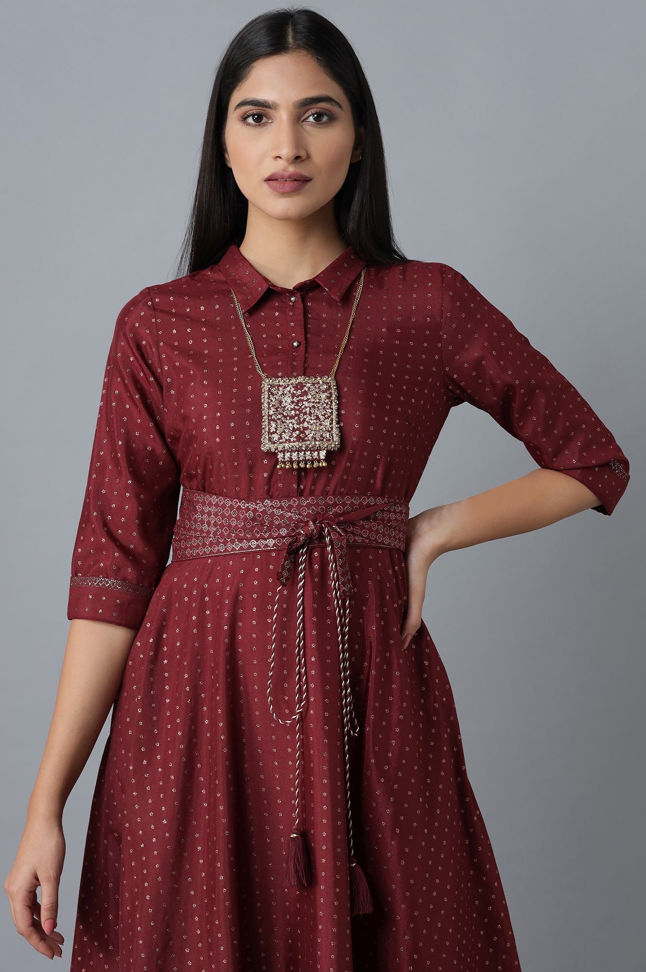 Maroon Dress in Polka Print