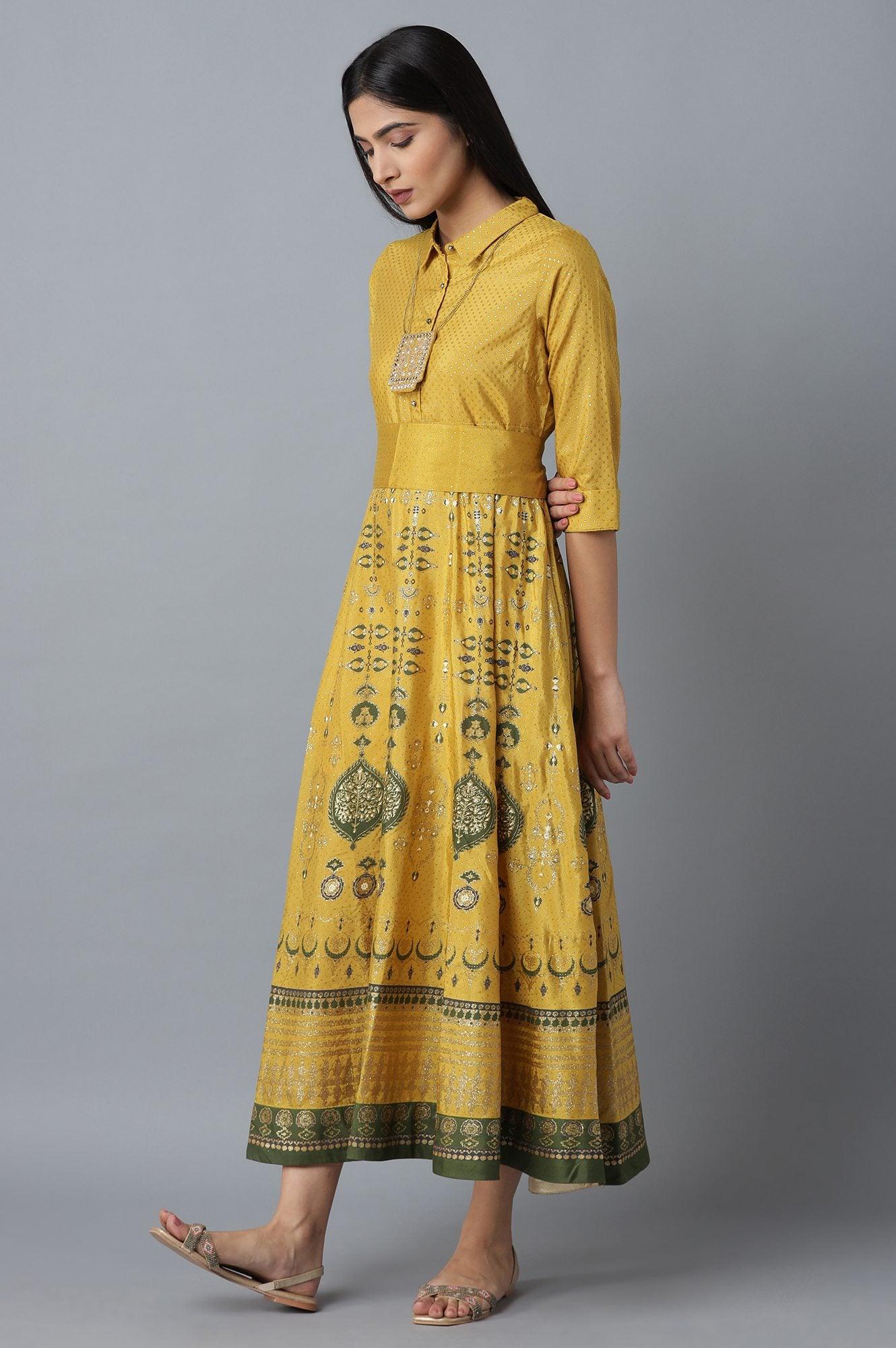 Mustard Printed Dress With Belt - wforwoman