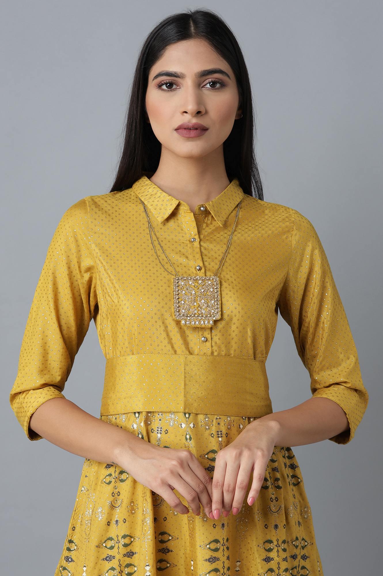Mustard Printed Dress With Belt - wforwoman