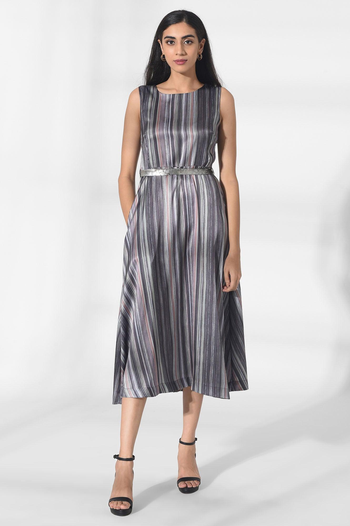 Dark Grey Satin Dress in Strip Print - wforwoman