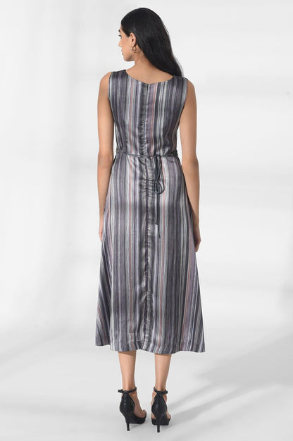 Dark Grey Satin Dress in Strip Print - wforwoman