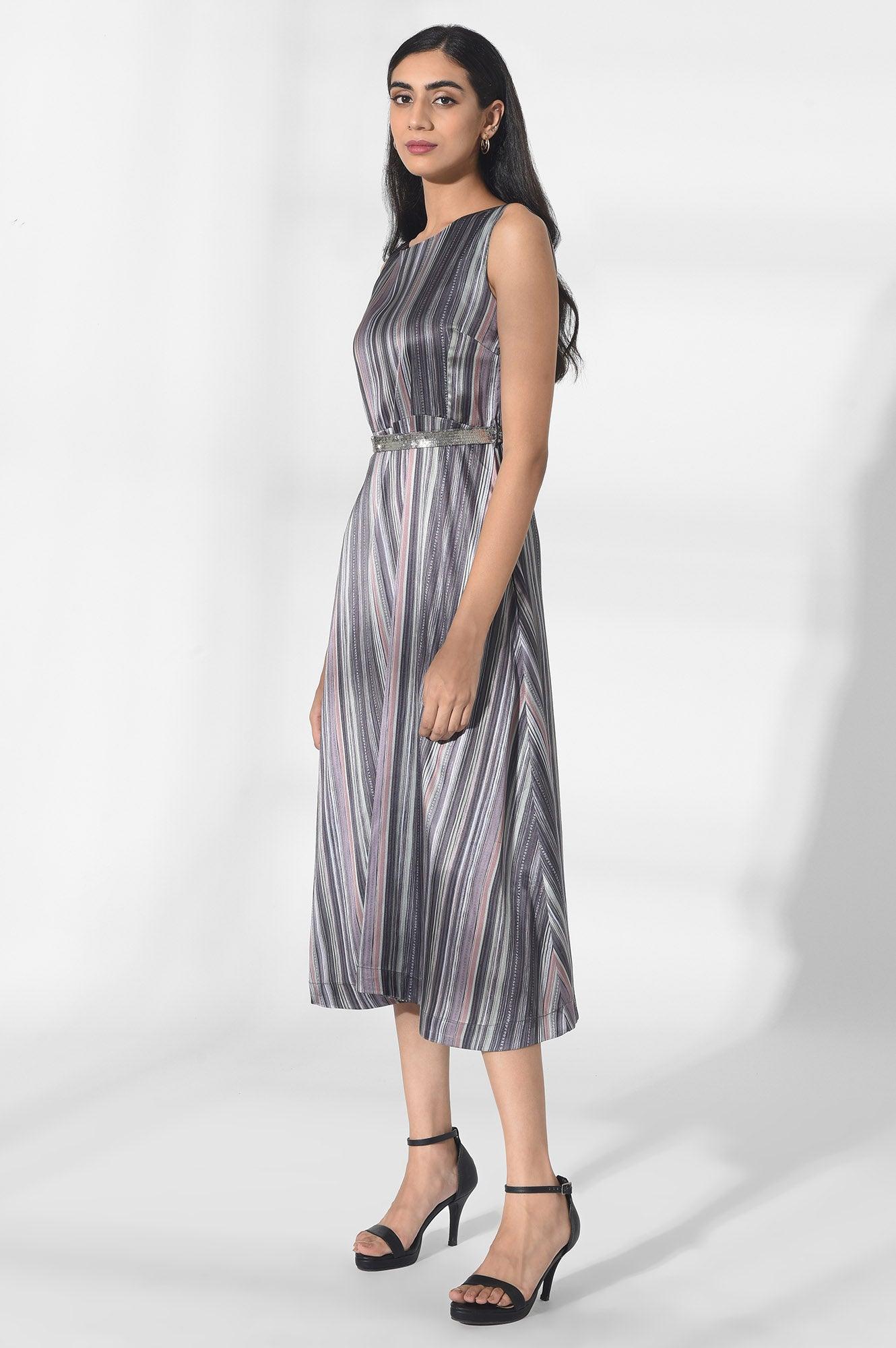 Dark Grey Satin Dress in Strip Print - wforwoman