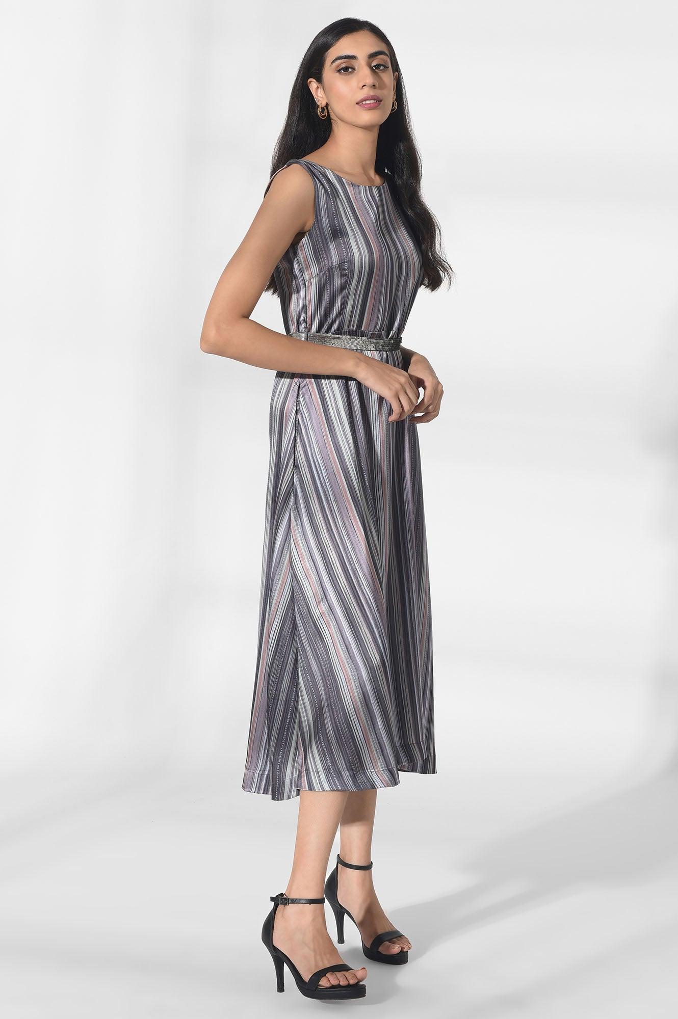 Dark Grey Satin Dress in Strip Print - wforwoman