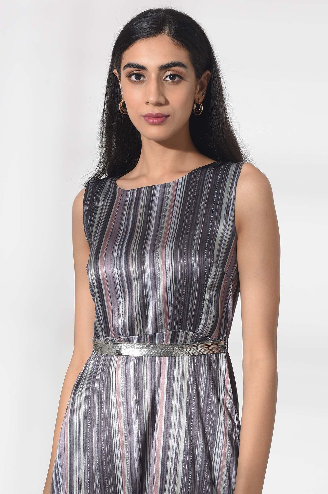 Dark Grey Satin Dress in Strip Print - wforwoman