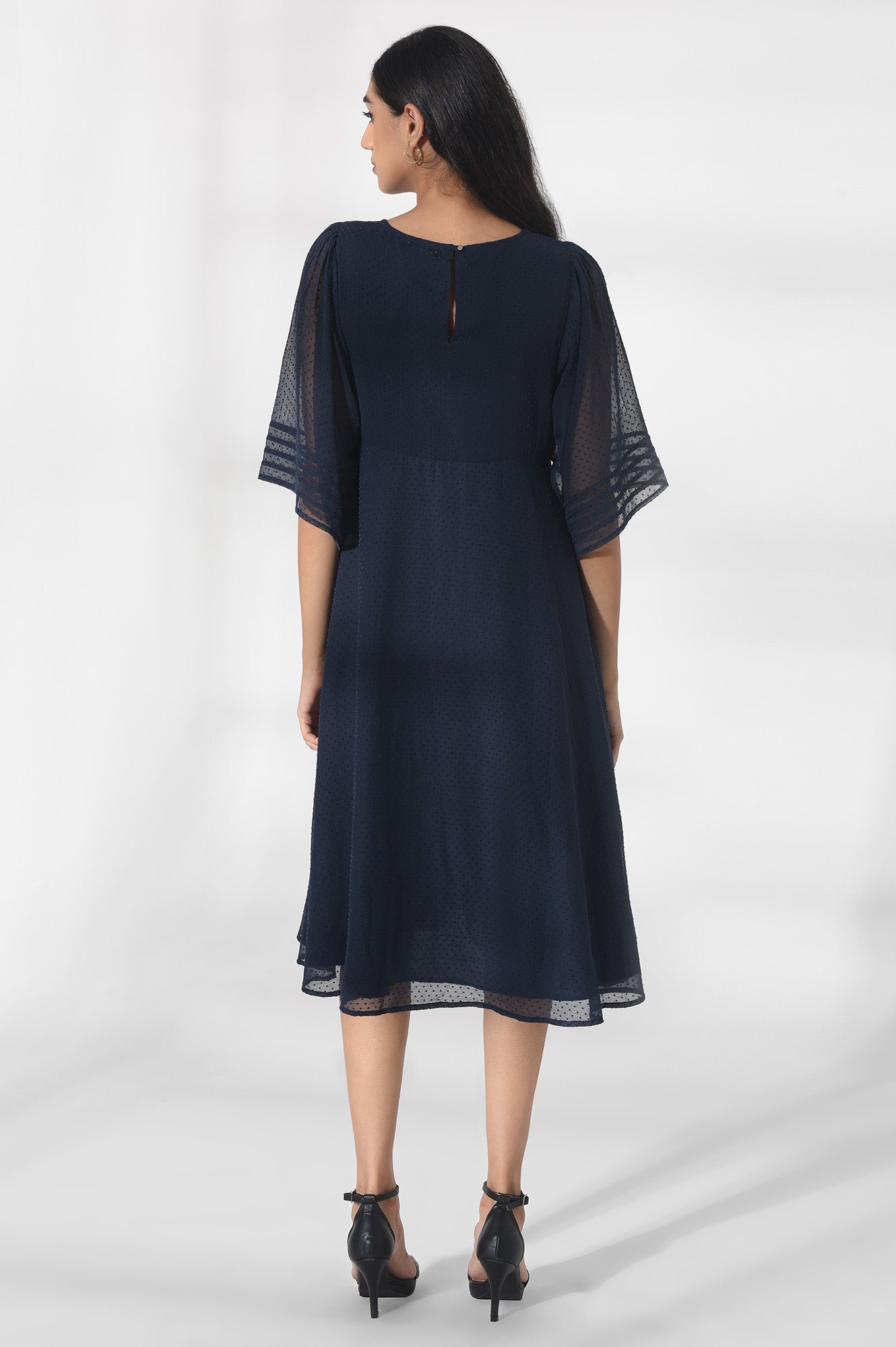 Dark Blue Dot Textured Dress with Embroidery