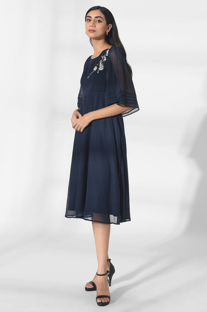 Dark Blue Dot Textured Dress with Embroidery