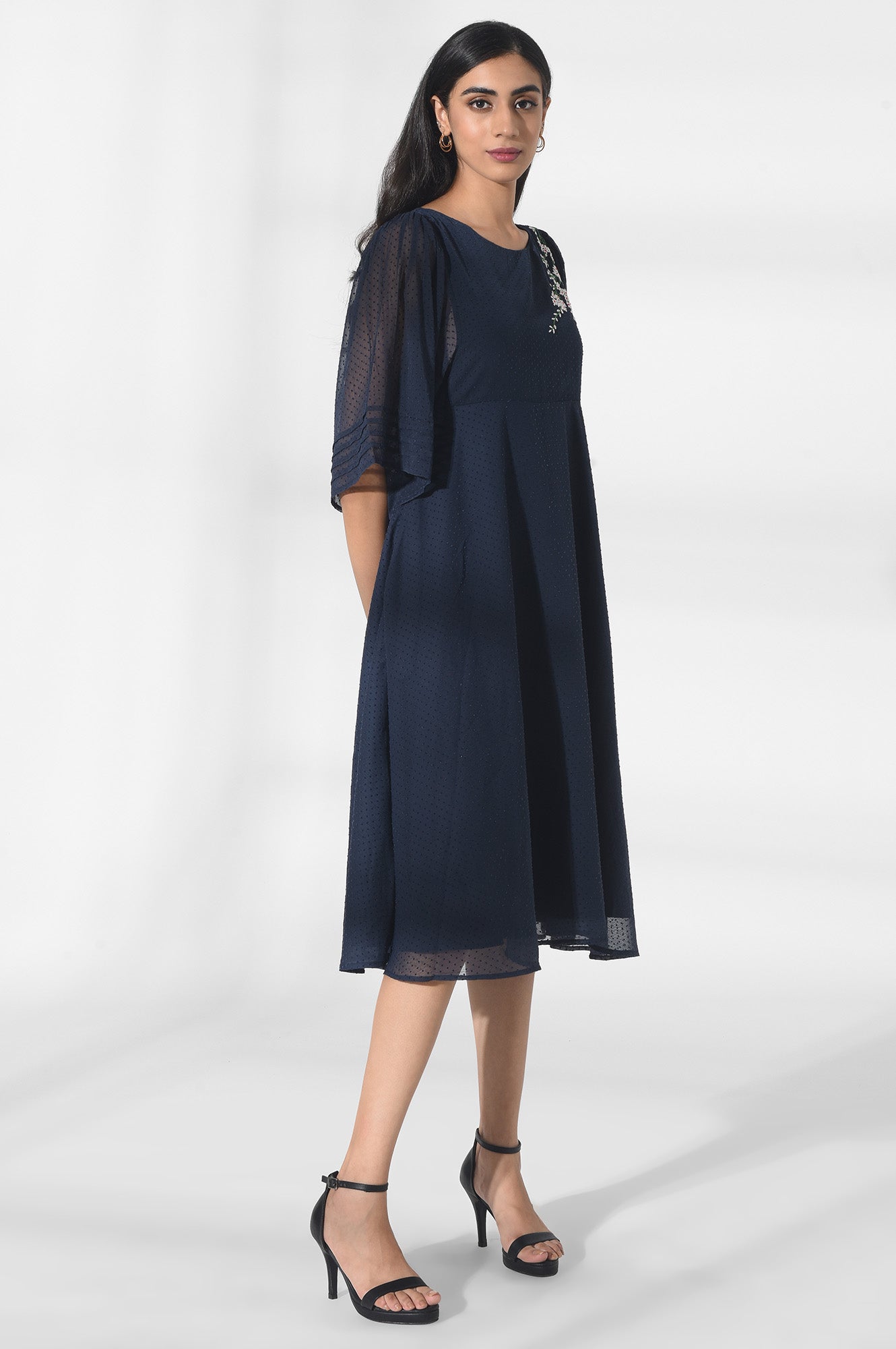 Dark Blue Dot Textured Dress with Embroidery