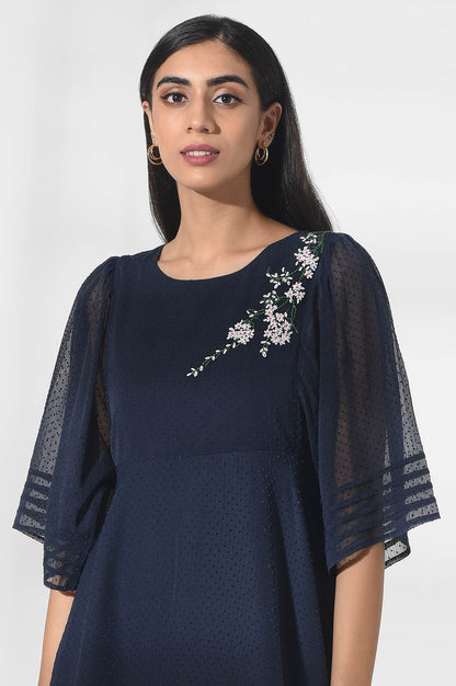 Dark Blue Dot Textured Dress with Embroidery