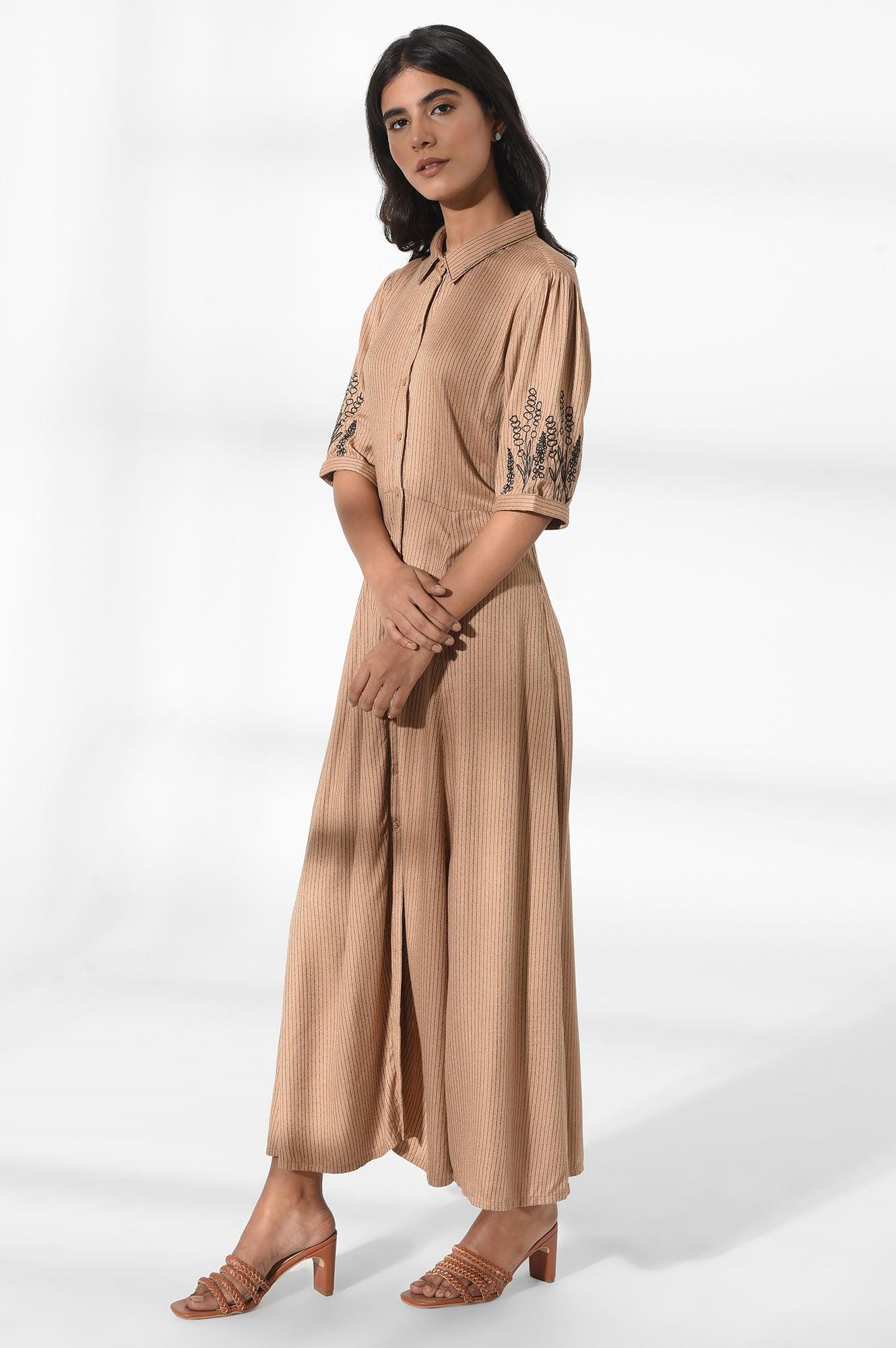 Tan Brown Shirt Dress with Embroidery - wforwoman