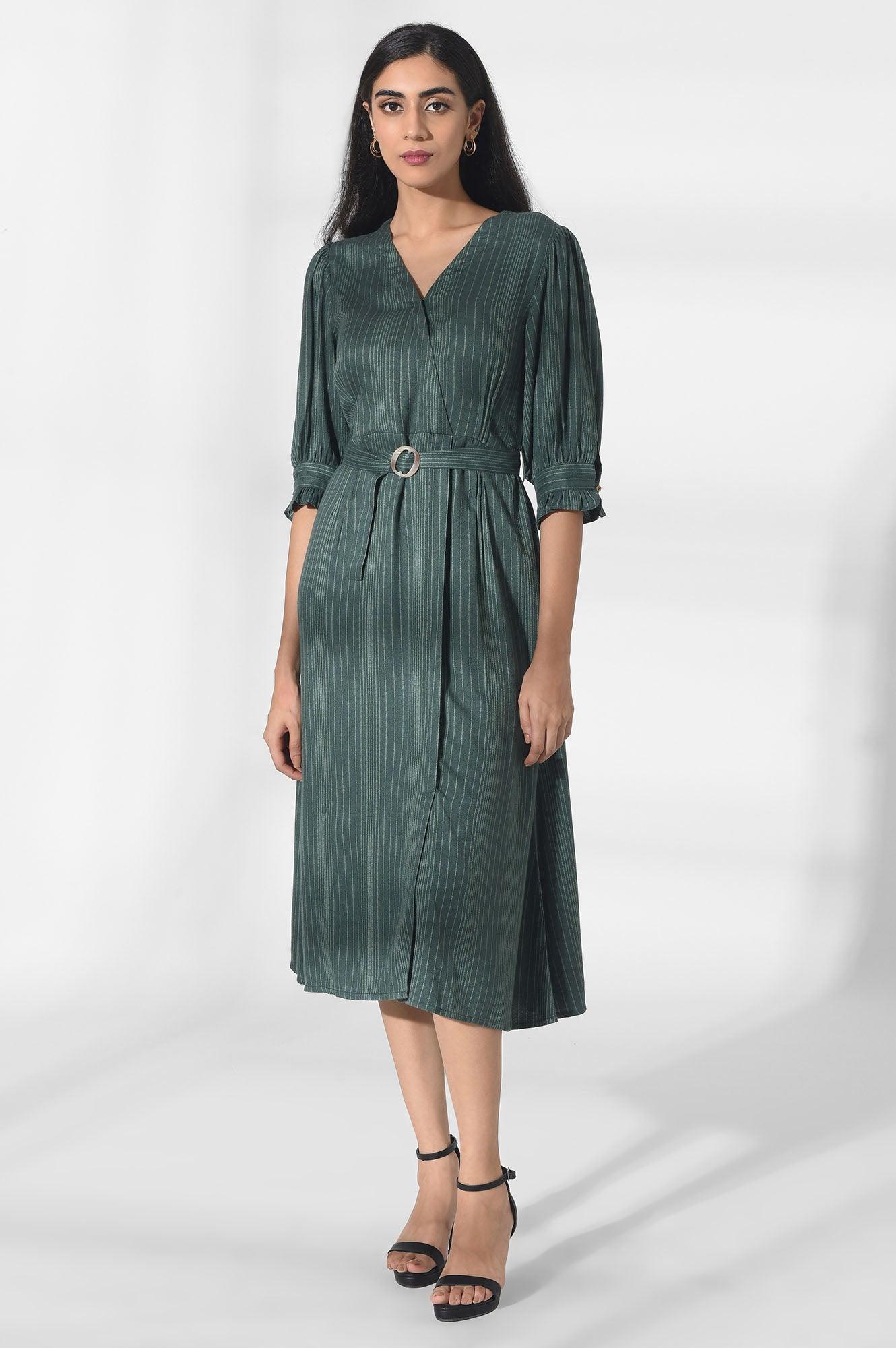 Dark Green Wrap Dress - wforwoman