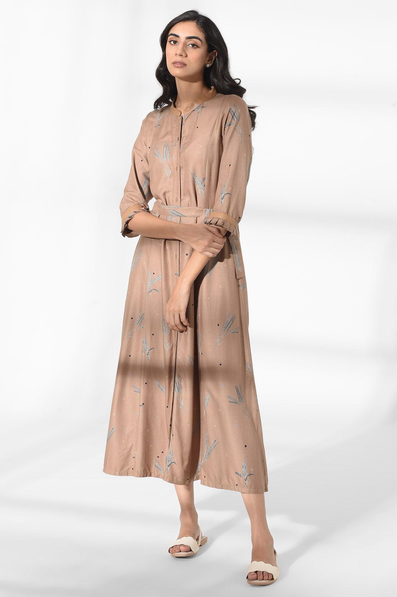 Light Brown Floral Print Dress - wforwoman