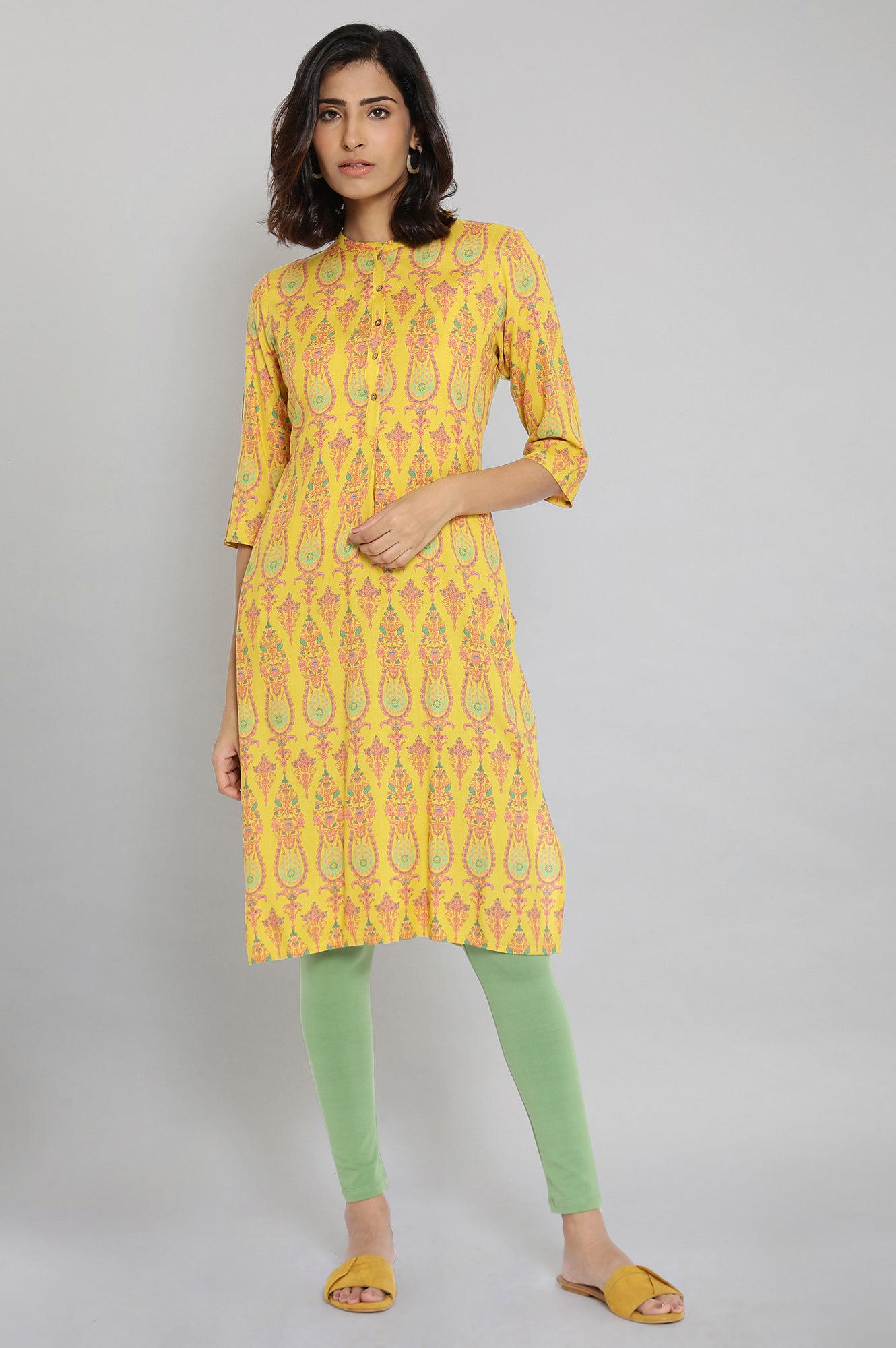 Mustard Printed Button Down kurta