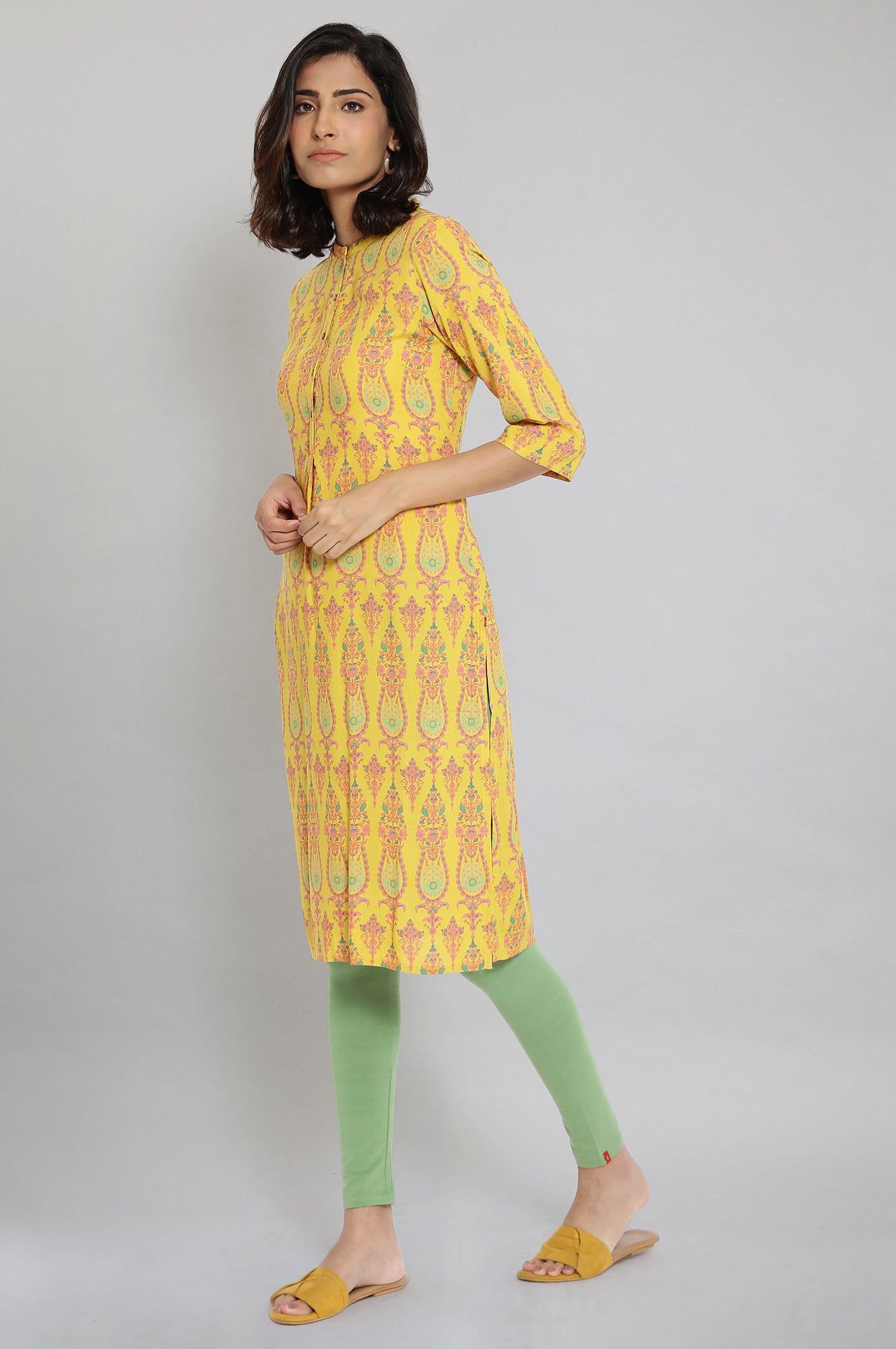 Mustard Printed Button Down kurta