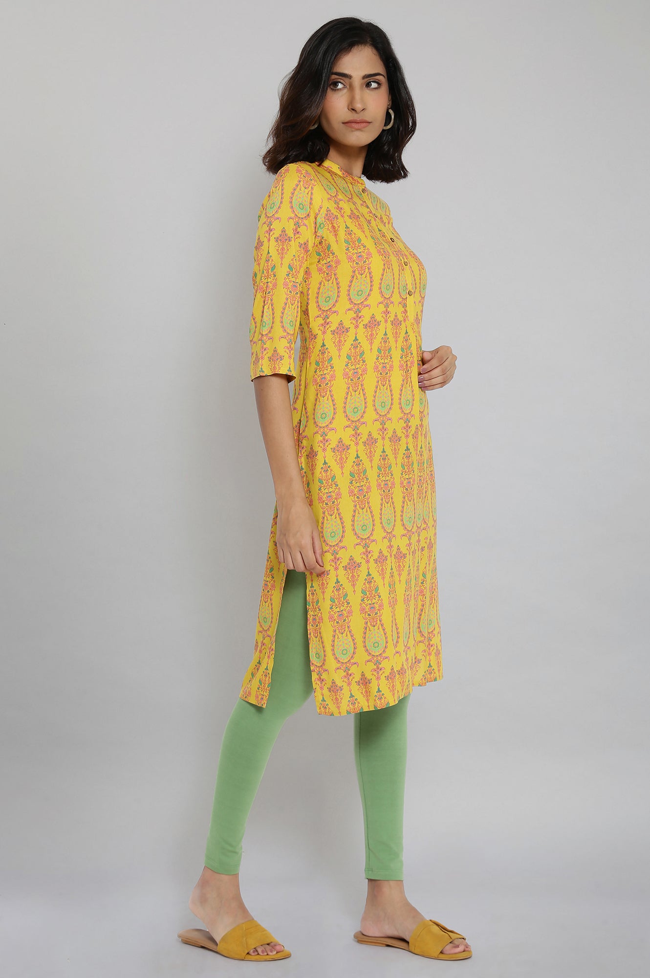 Mustard Printed Button Down kurta