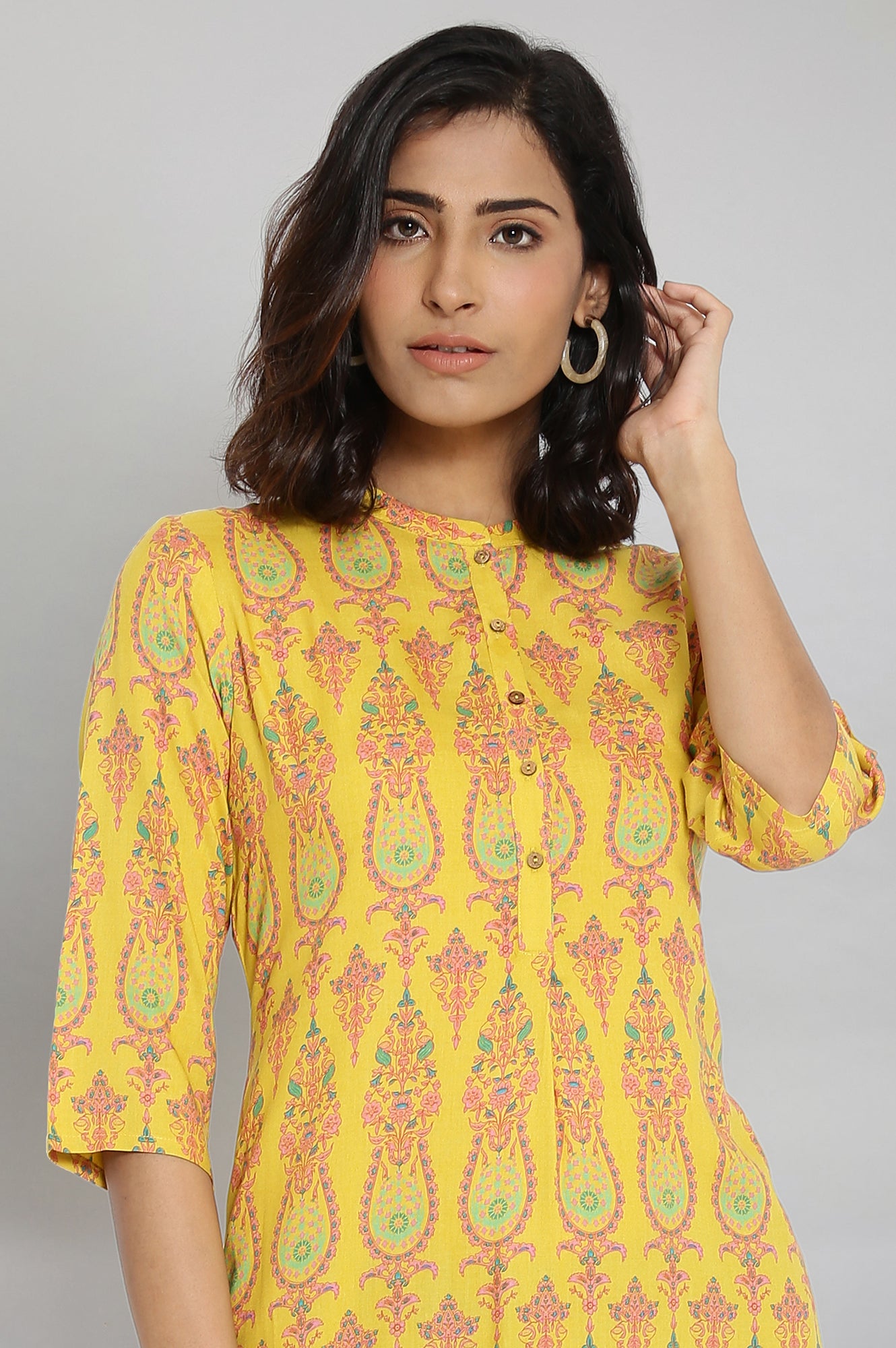 Mustard Printed Button Down kurta