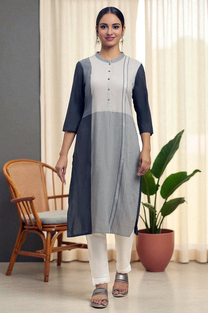 Grey Colourblock Button Down Straight Dobby Kurta