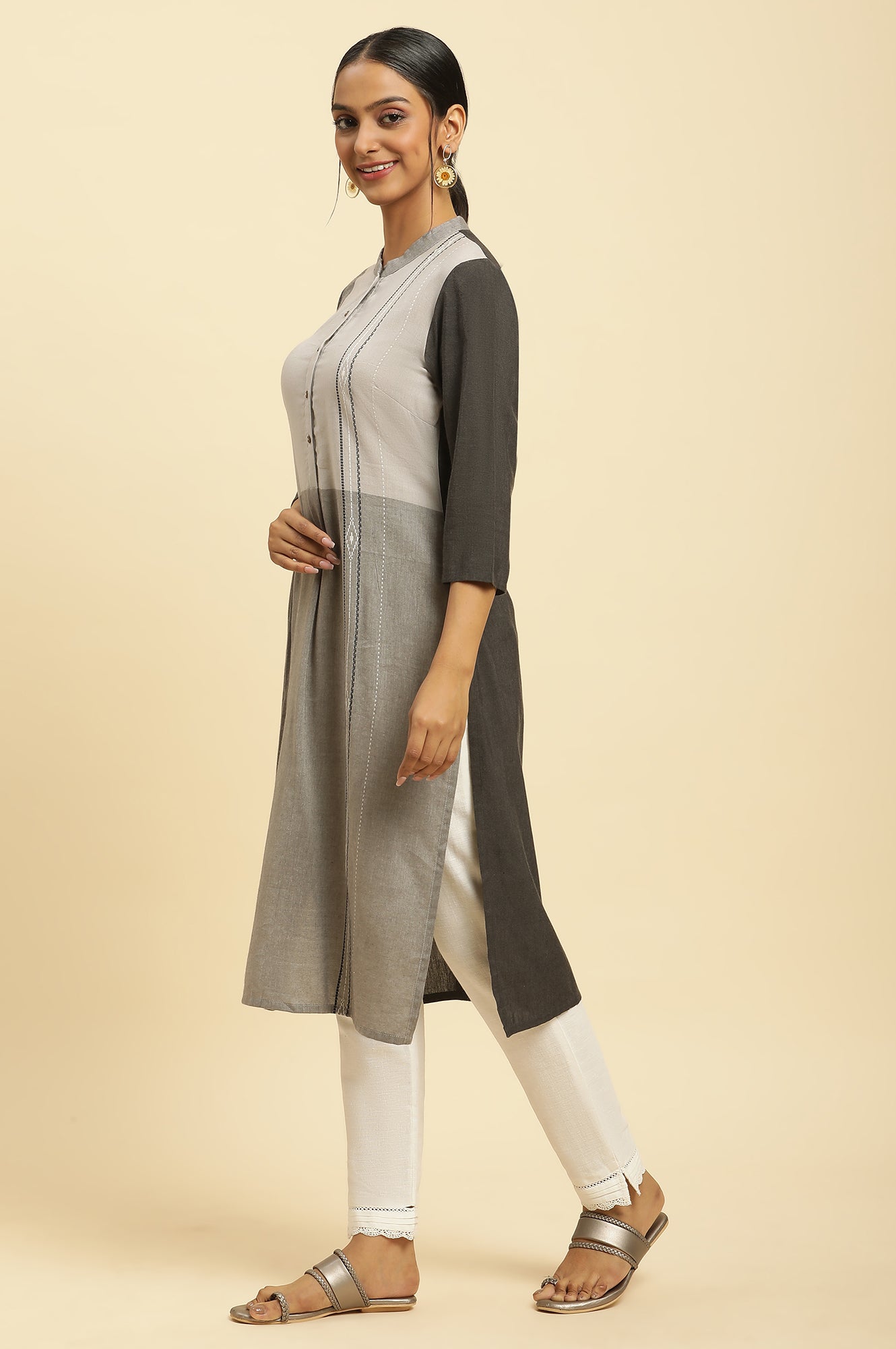 Grey Printed Button Down Kurta