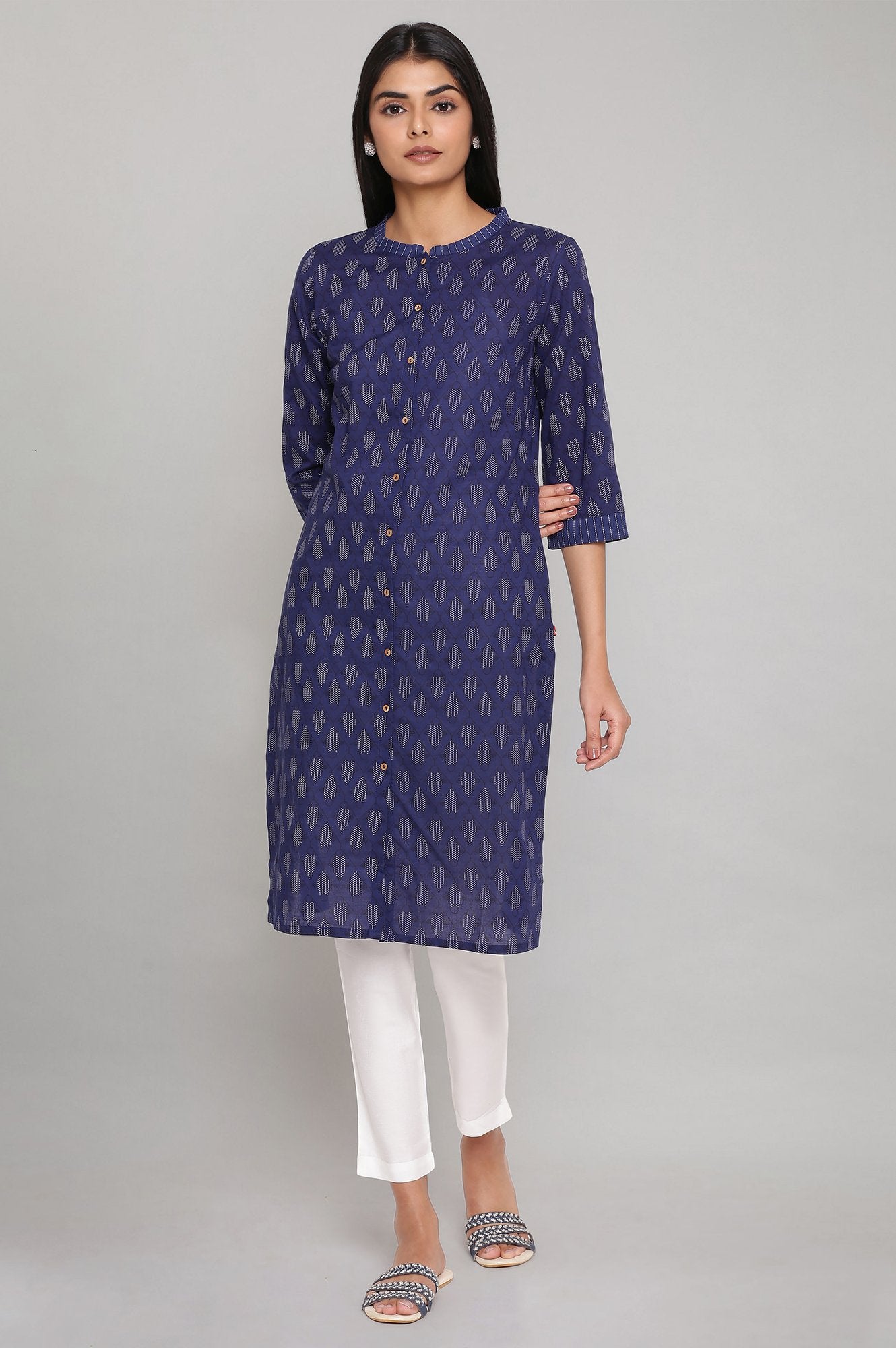 Navy Blue Printed Button Down kurta