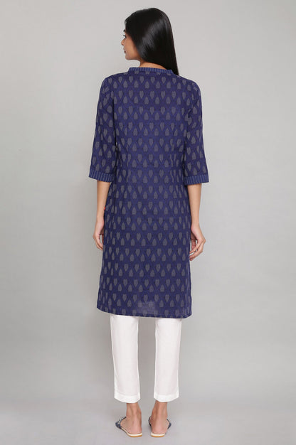 Navy Blue Printed Button Down kurta