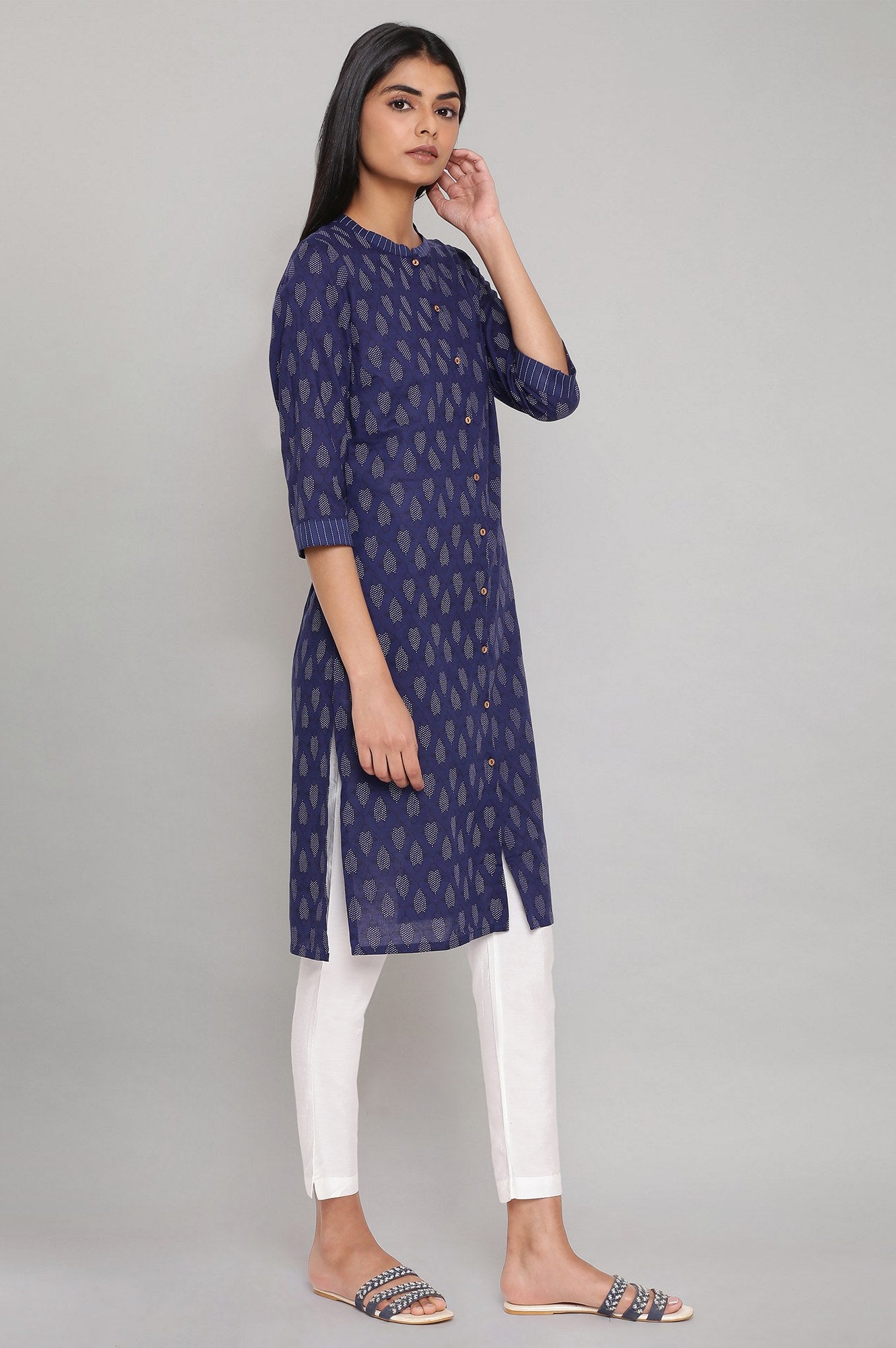 Navy Blue Printed Button Down kurta