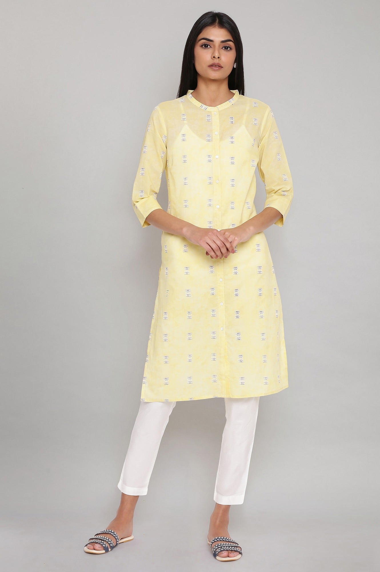 Yellow Geometric Printed Pure Cotton Mandarin Collar Straight Kurta