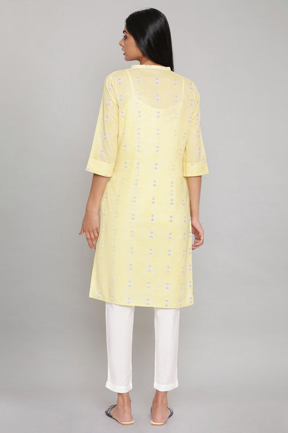 Yellow Geometric Printed Pure Cotton Mandarin Collar Straight Kurta