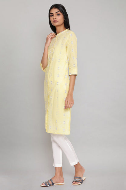 Yellow Geometric Printed Pure Cotton Mandarin Collar Straight Kurta