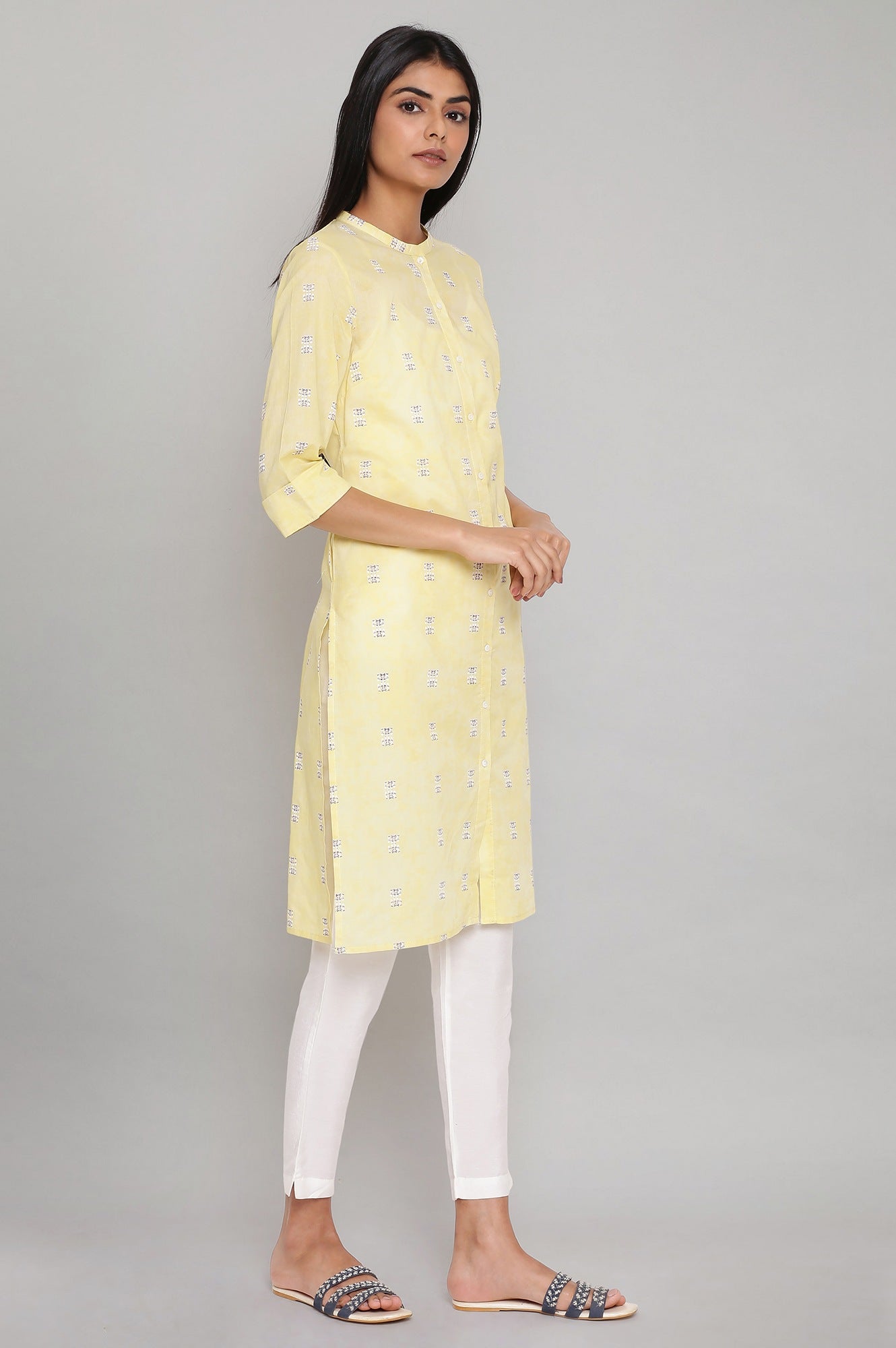 Yellow Geometric Printed Pure Cotton Mandarin Collar Straight Kurta