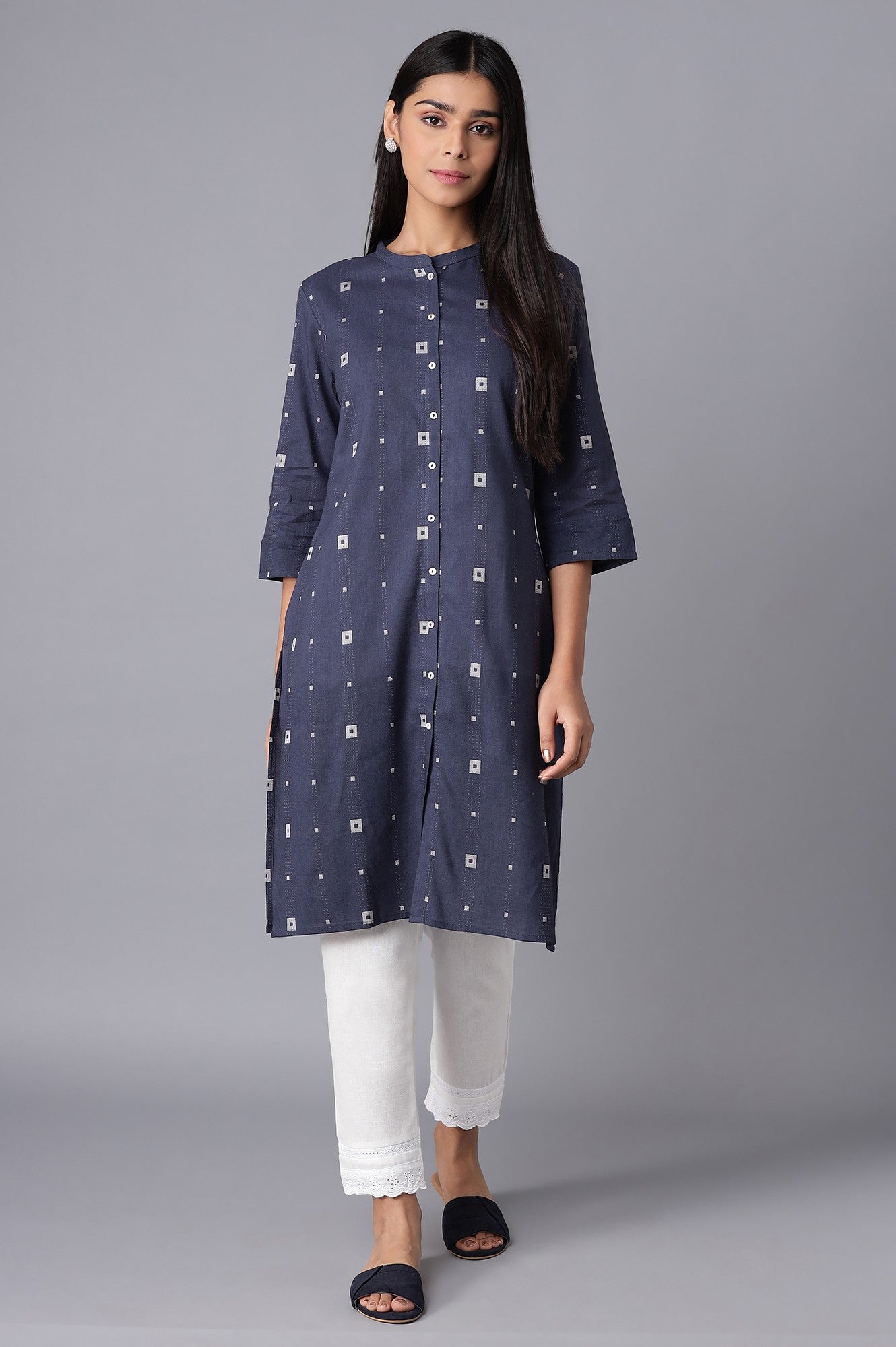 Navy Blue Printed Button Down kurta