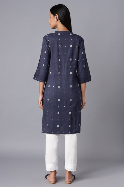 Navy Blue Printed Button Down kurta