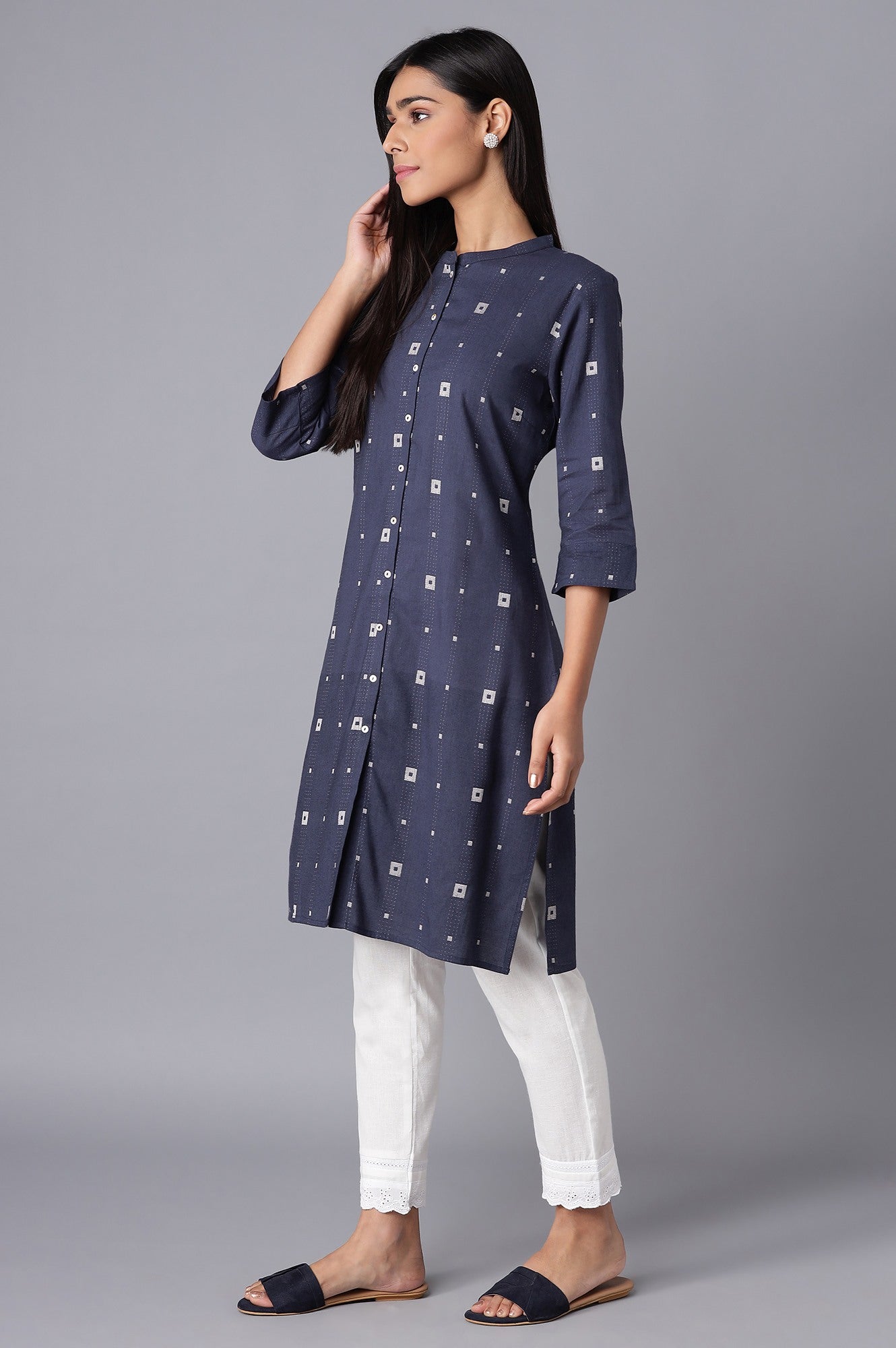 Navy Blue Printed Button Down kurta