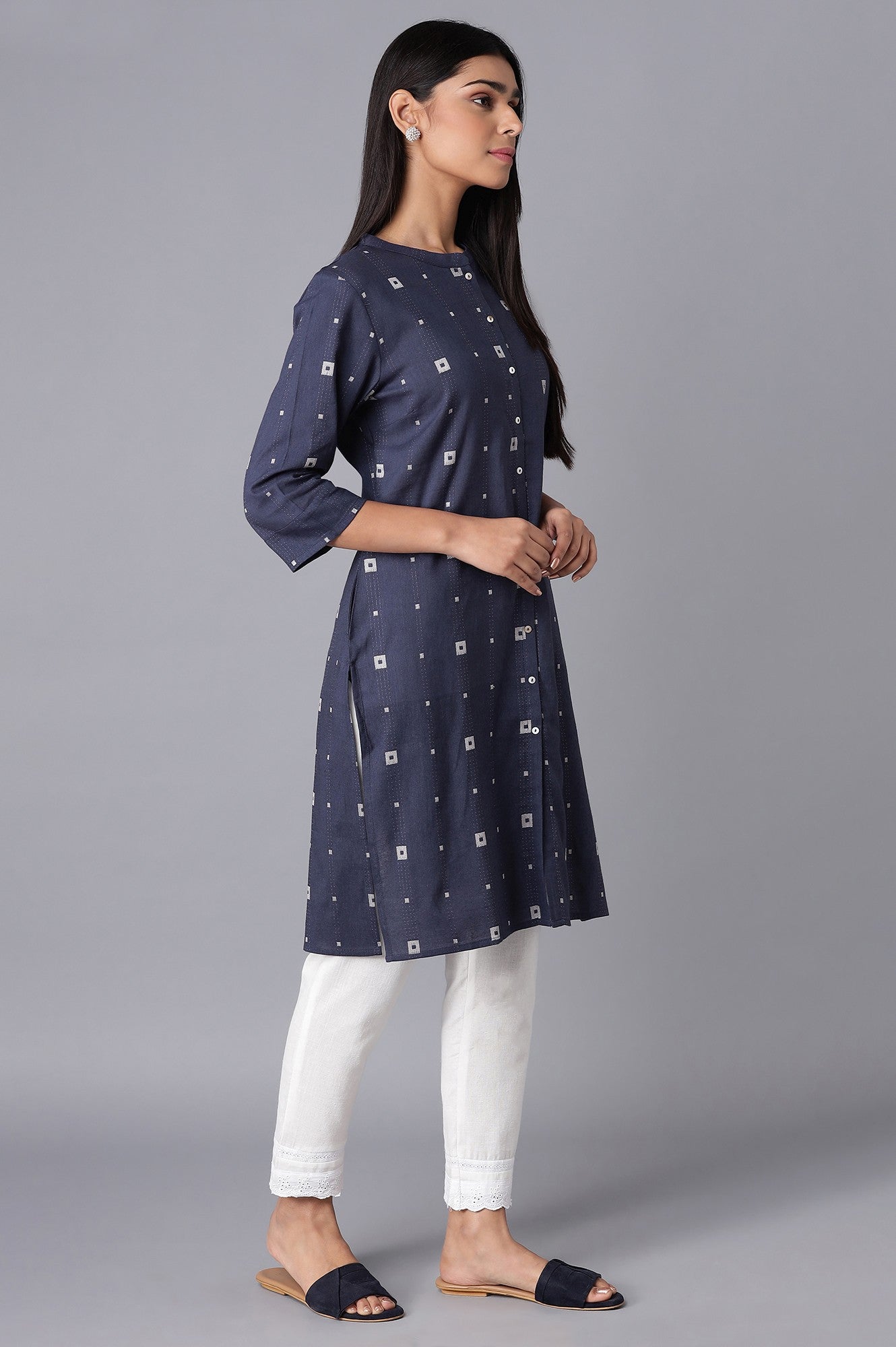 Navy Blue Printed Button Down kurta