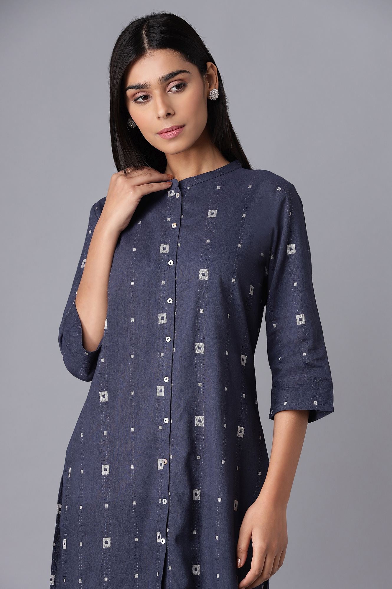 Navy Blue Printed Button Down kurta