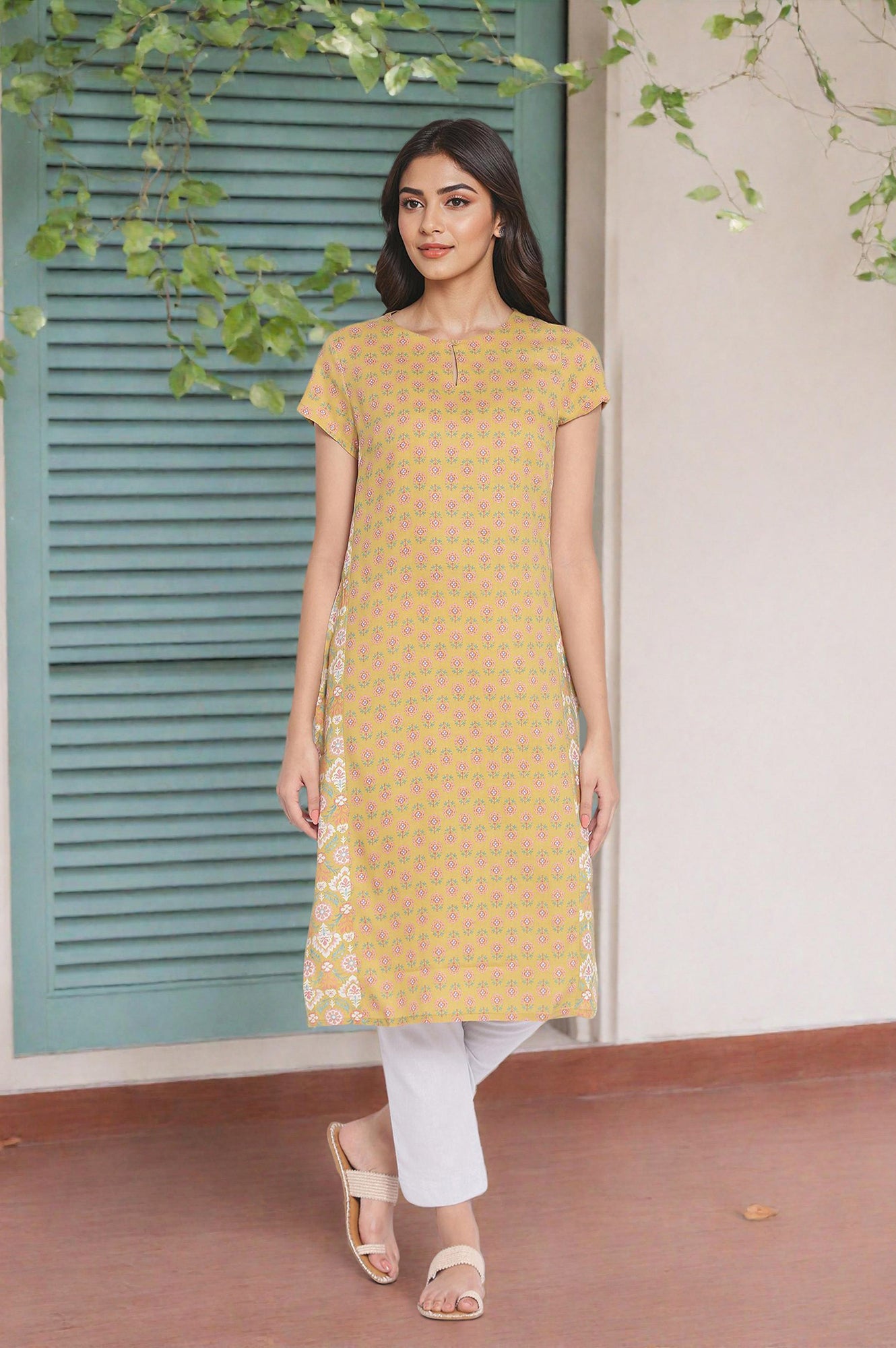 Yellow Floral Printed Short Sleeves Straight Rayon Kurta