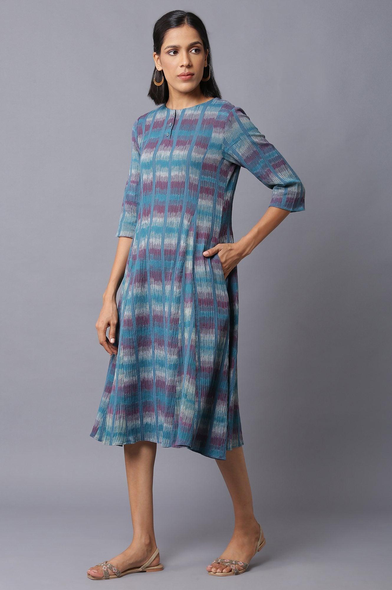 Teal Yarn-Dyed Godet Dress - wforwoman