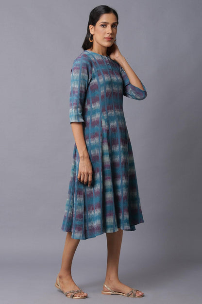 Teal Yarn-Dyed Godet Dress - wforwoman