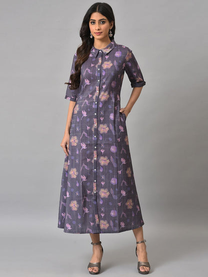 Purple Floral Printed Shirt Dress - wforwoman