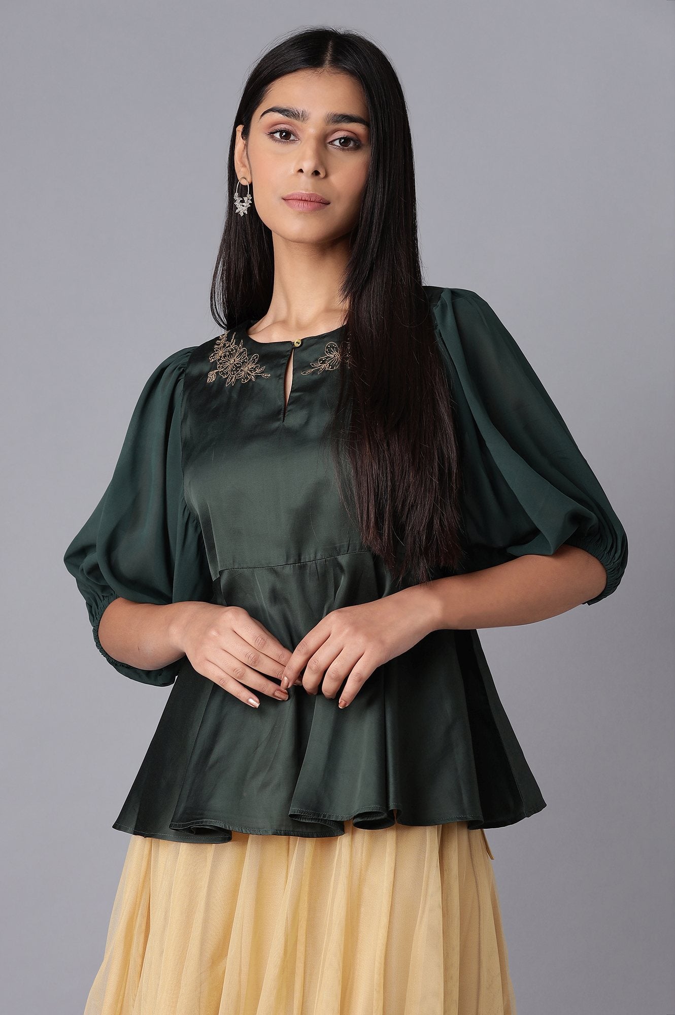 Green Cotton Satin Top with Embroidery