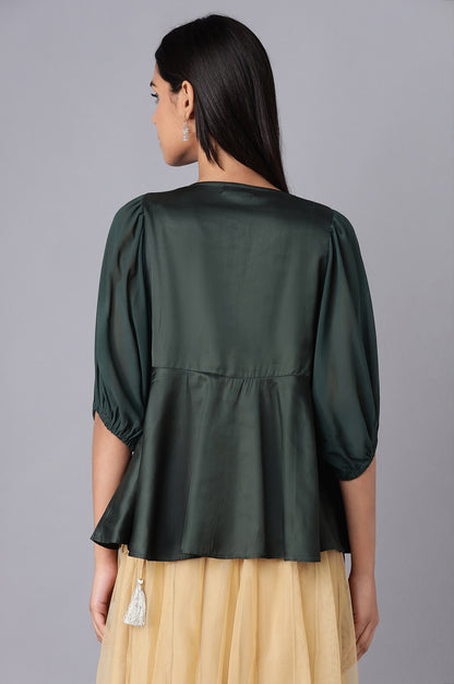 Green Cotton Satin Top with Embroidery