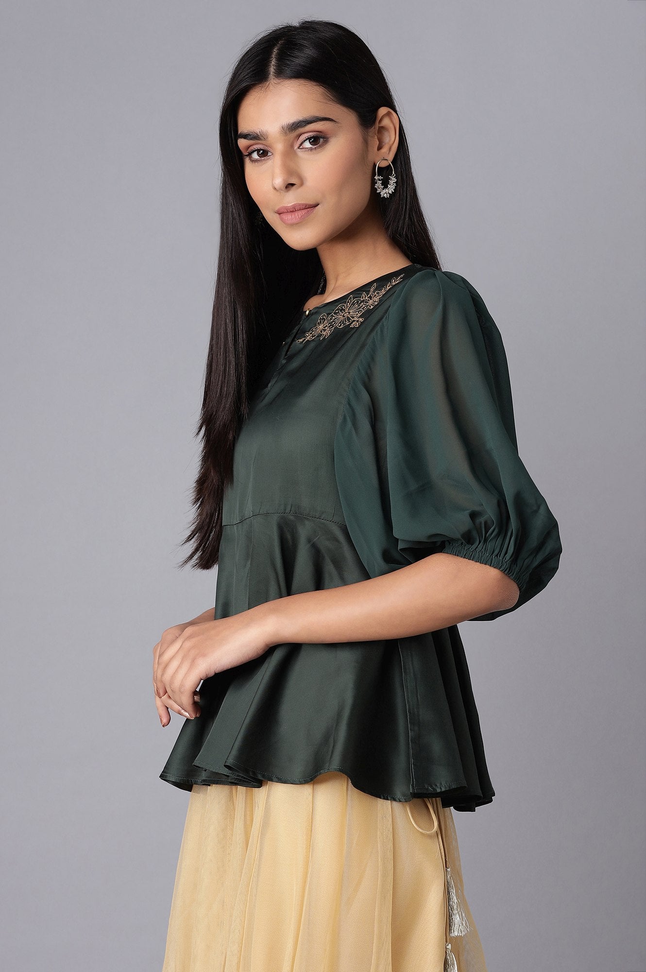 Green Cotton Satin Top with Embroidery