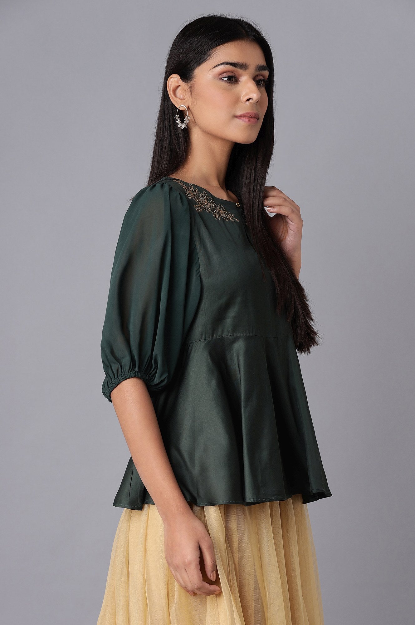 Green Cotton Satin Top with Embroidery