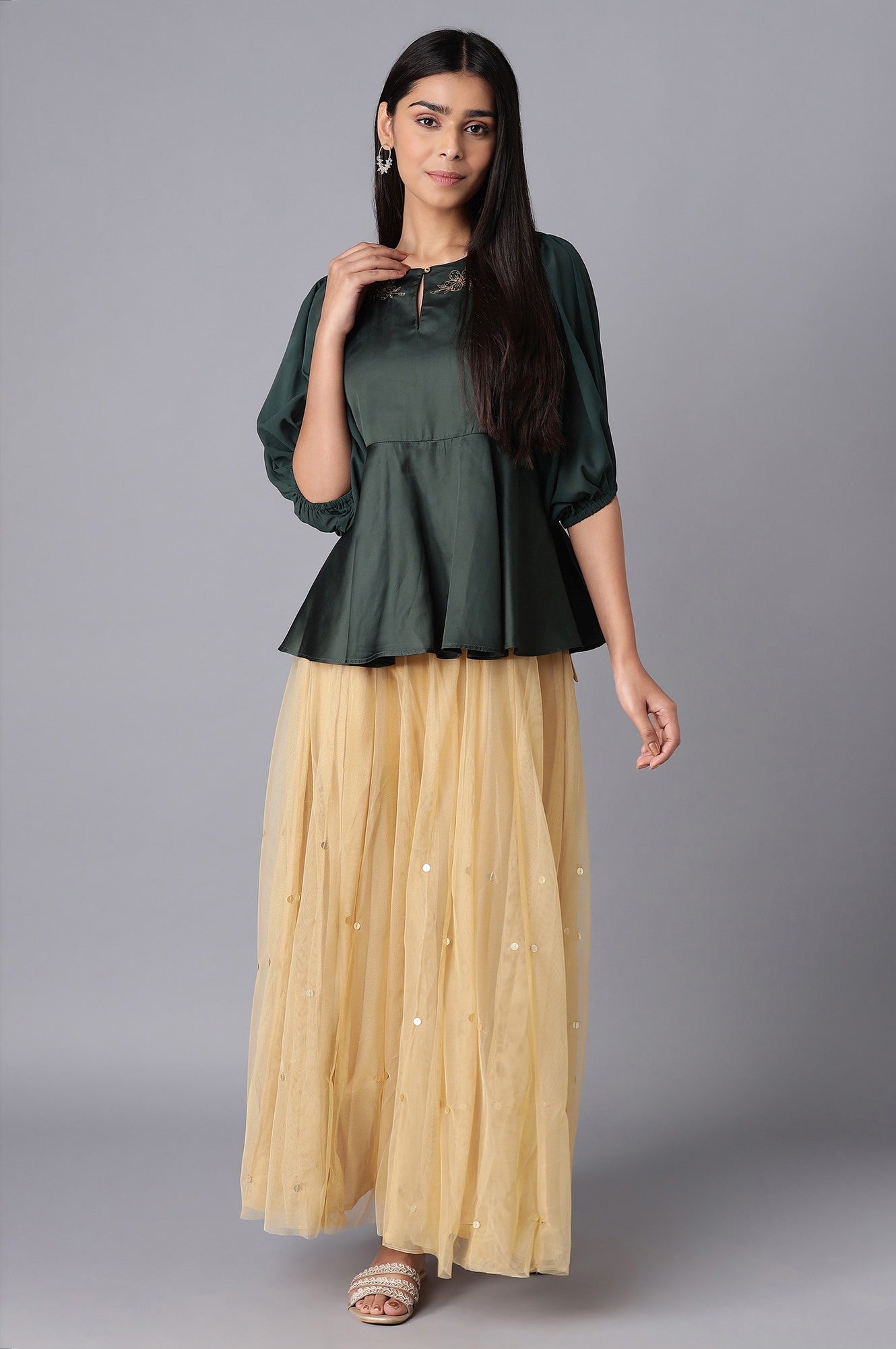 Green Cotton Satin Top with Embroidery