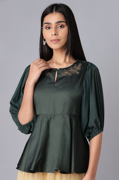 Green Cotton Satin Top with Embroidery