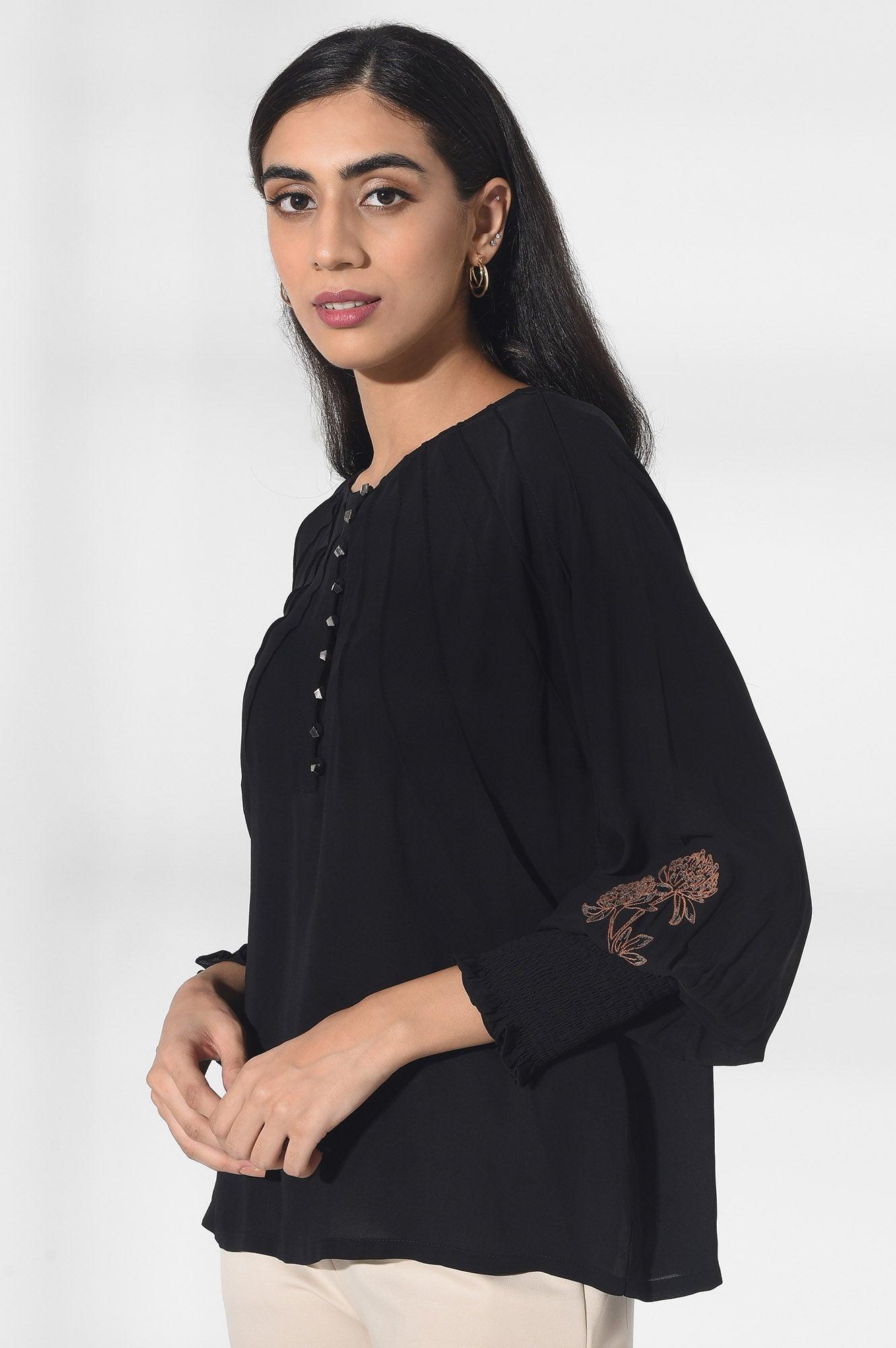 Black Solid Pintuck Top - wforwoman