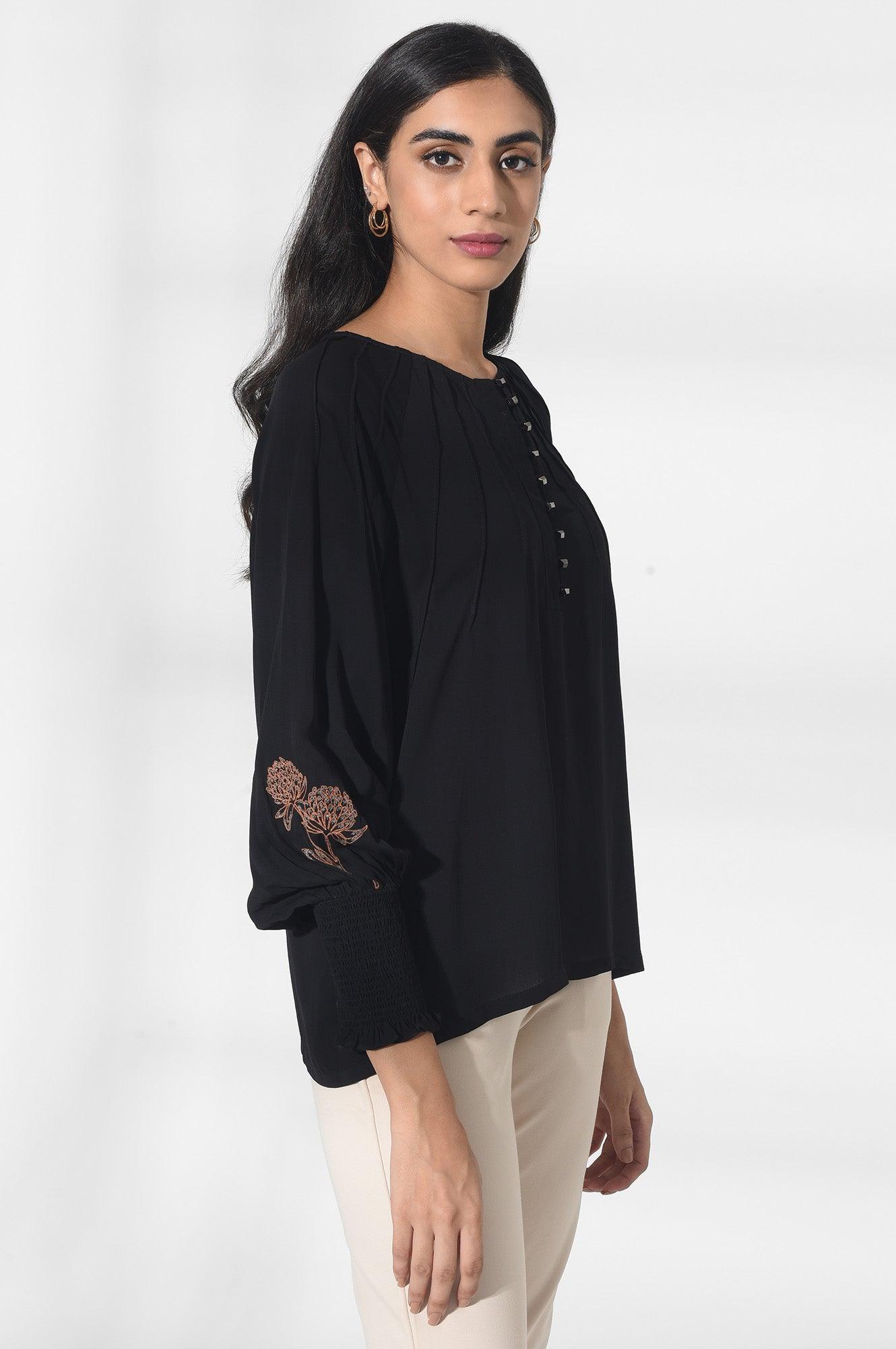 Black Solid Pintuck Top - wforwoman